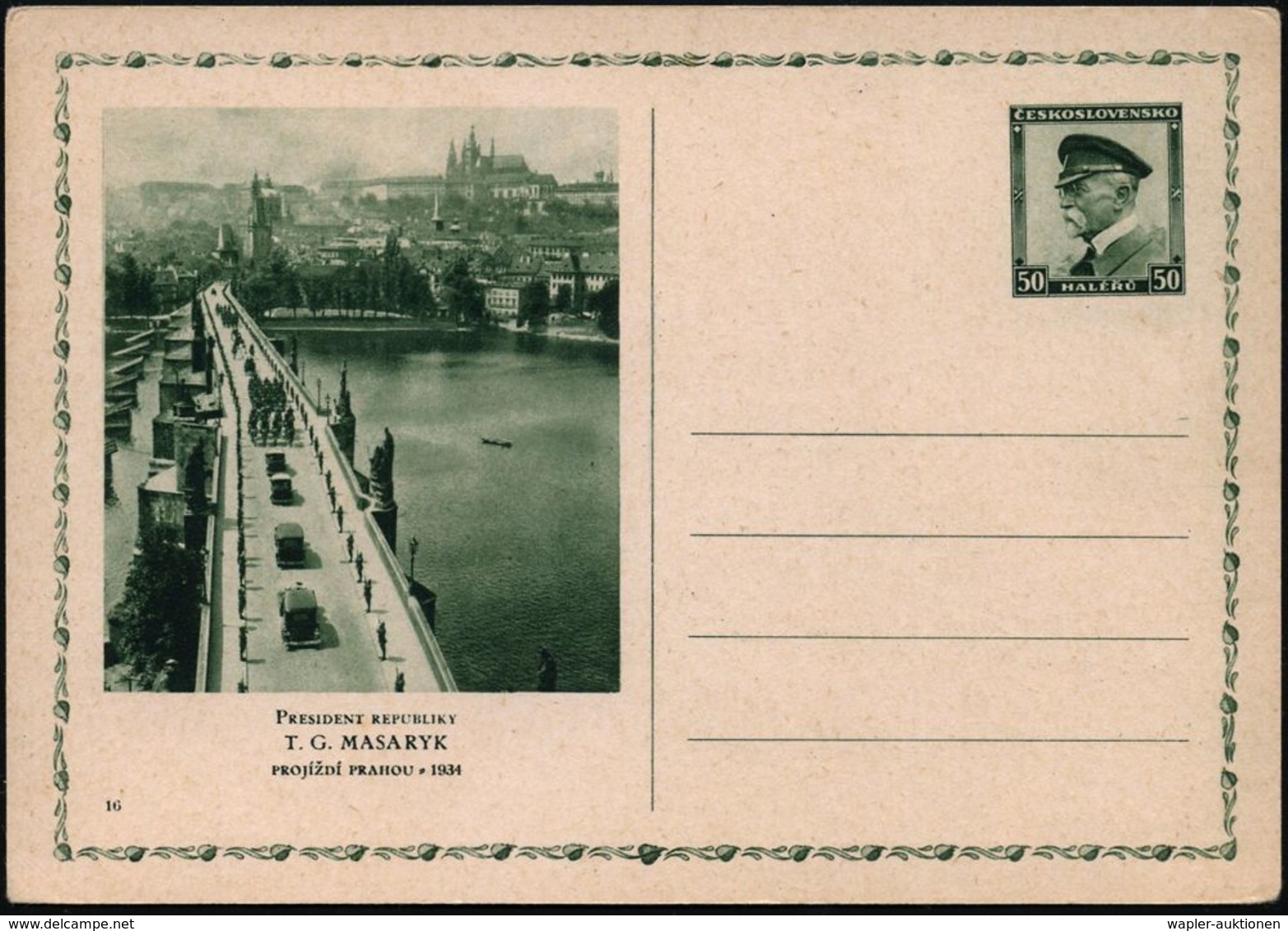 TSCHECHOSLOWAKEI 1936 50 H. BiP Masaryk-Jubiläum, Grün: Prag - Karlsbrücke Mit Brücken-Heiligen (Burg U. Veitsdom) Ungeb - Brücken