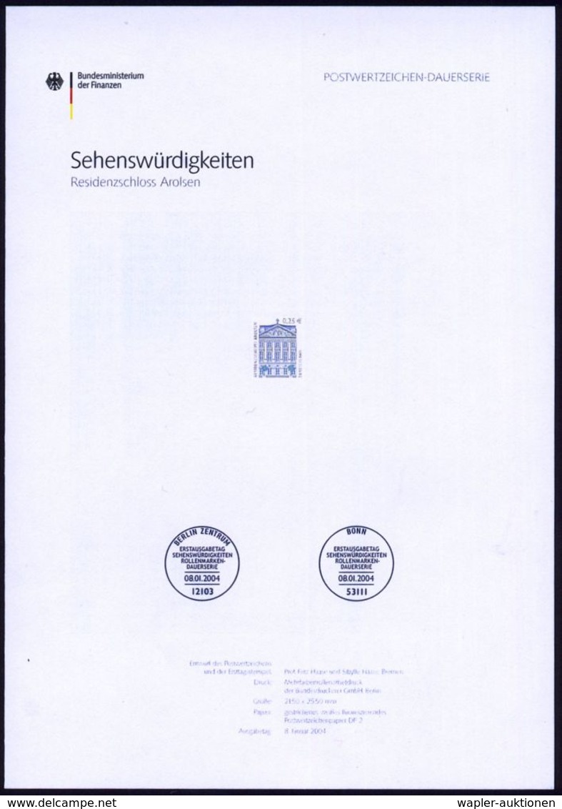 Arolsen 2004 25 C. Residenzschloß Arolsen, Ungez., Amtl. Vorlageblock + Amtl. Ankündigungsblatt Bundesfinanzministerium  - Châteaux