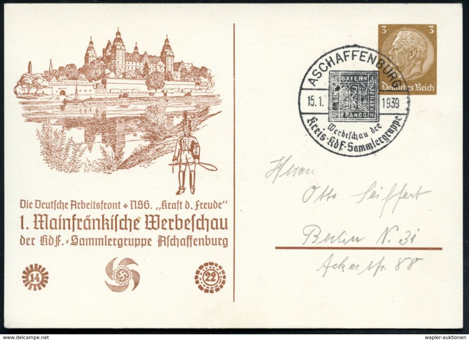 Aschaffenburg 1939 (15.1.) PP 3 Pf. Hindenburg, Braun: .. "&sect;Kraft D. Freude", 1. Mainfränk. Werbeschau.. = Schloß J - Châteaux