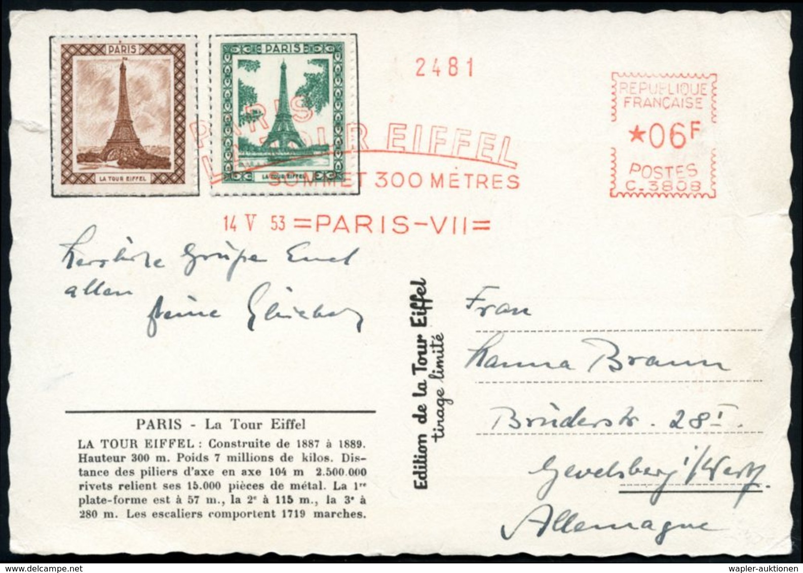 FRANKREICH 1953 (14.5.) AFS.: PARIS-VII/C.3808/PARIS/TOUR EIFFEL/SOMMET 300 METRES Auf 2 Eiffel-Turm-Vignetten + Rs. Wei - Monuments