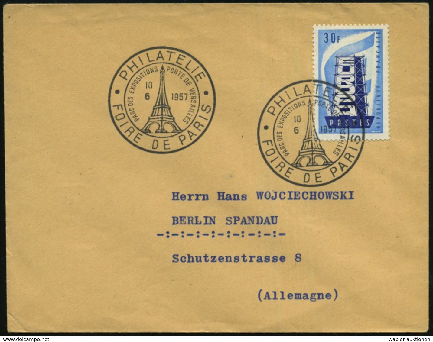 FRANKREICH 1957 (10.6.) SSt.: PARC DES EXPOSITIONS../FOIRE DE PARIS = Eiffel-Turm 2x Klar Auf Europa CEPT 30 F. ("Europa - Denkmäler