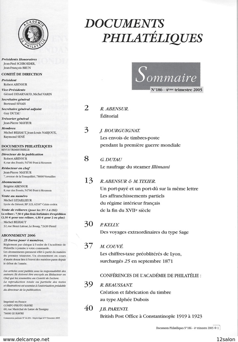 ACADEMIE DE PHILATELIE DOCUMENTS PHILATELIQUES N° 186 + Sommaire - Otros & Sin Clasificación