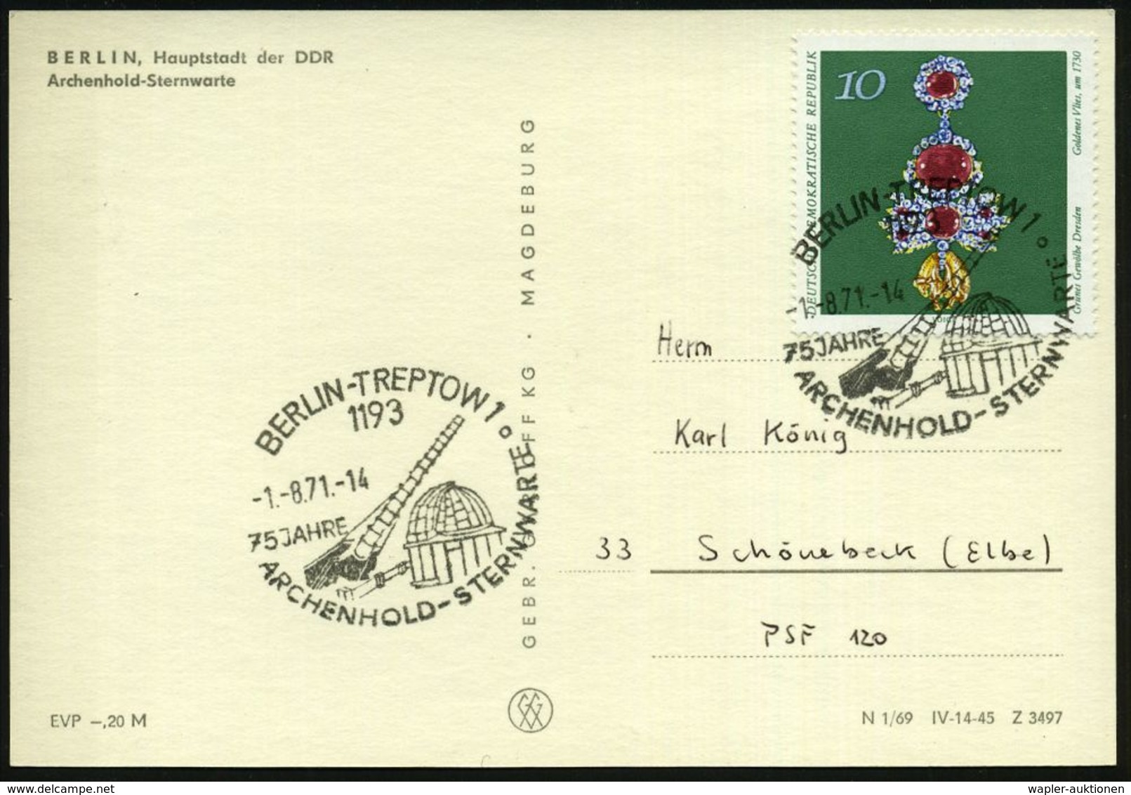 1193 BERLIN-TREPTOW 1/ 75 JAHRE/ ARCHENHOLD-STERNWARTE 1971 (1.8.) SSt = Gr. Teleskop Der Archenhold-Sternwarte (u. Obse - Astronomie