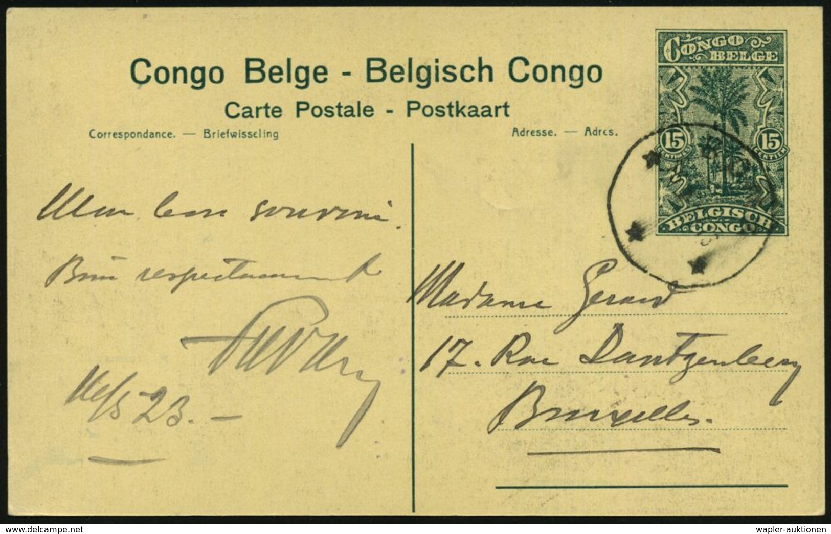 BELGISCH-KONGO 1923 (März) 15 C. BiP Palme, Bl.grün: Elisabethville/ Observatorium (astronom.-meteorologisch) Seltene Be - Astronomie