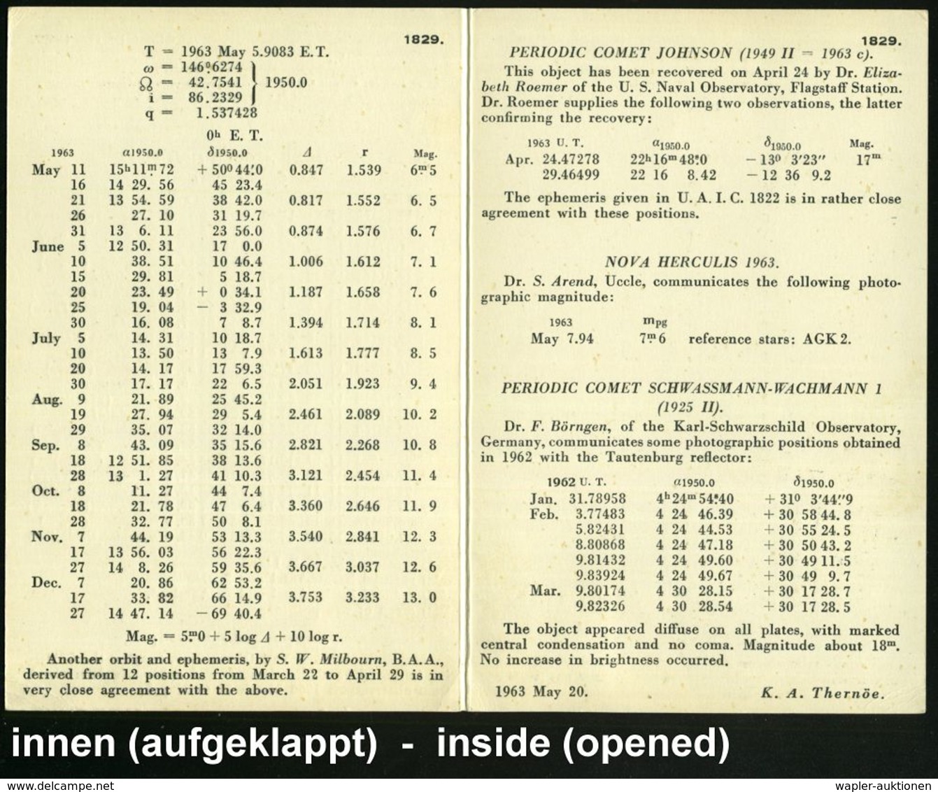 DÄNEMARK 1963 (20.5.) Klapp-Kt.: UNION ASTRONOMIQUE INTERNAT. Mit Daten Zu Den Kometen "ALCOCK", "JOHNSON", "SCHWASSMANN - Astronomie