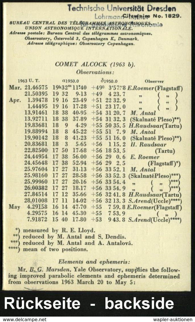 DÄNEMARK 1963 (20.5.) Klapp-Kt.: UNION ASTRONOMIQUE INTERNAT. Mit Daten Zu Den Kometen "ALCOCK", "JOHNSON", "SCHWASSMANN - Astronomie