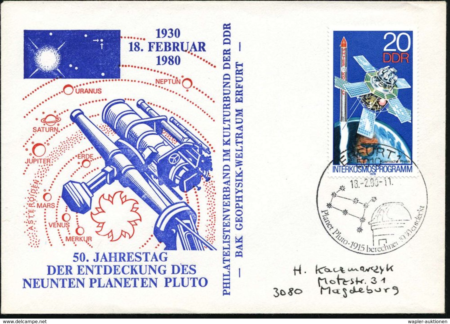 5010 ERFURT 1/ Planet Pluto 1915 Berechnet 1930 Entdeckt 1980 (18.2.) SSt = Sternbild, Observatorium Auf EF 20 Pf. Gauss - Astronomie