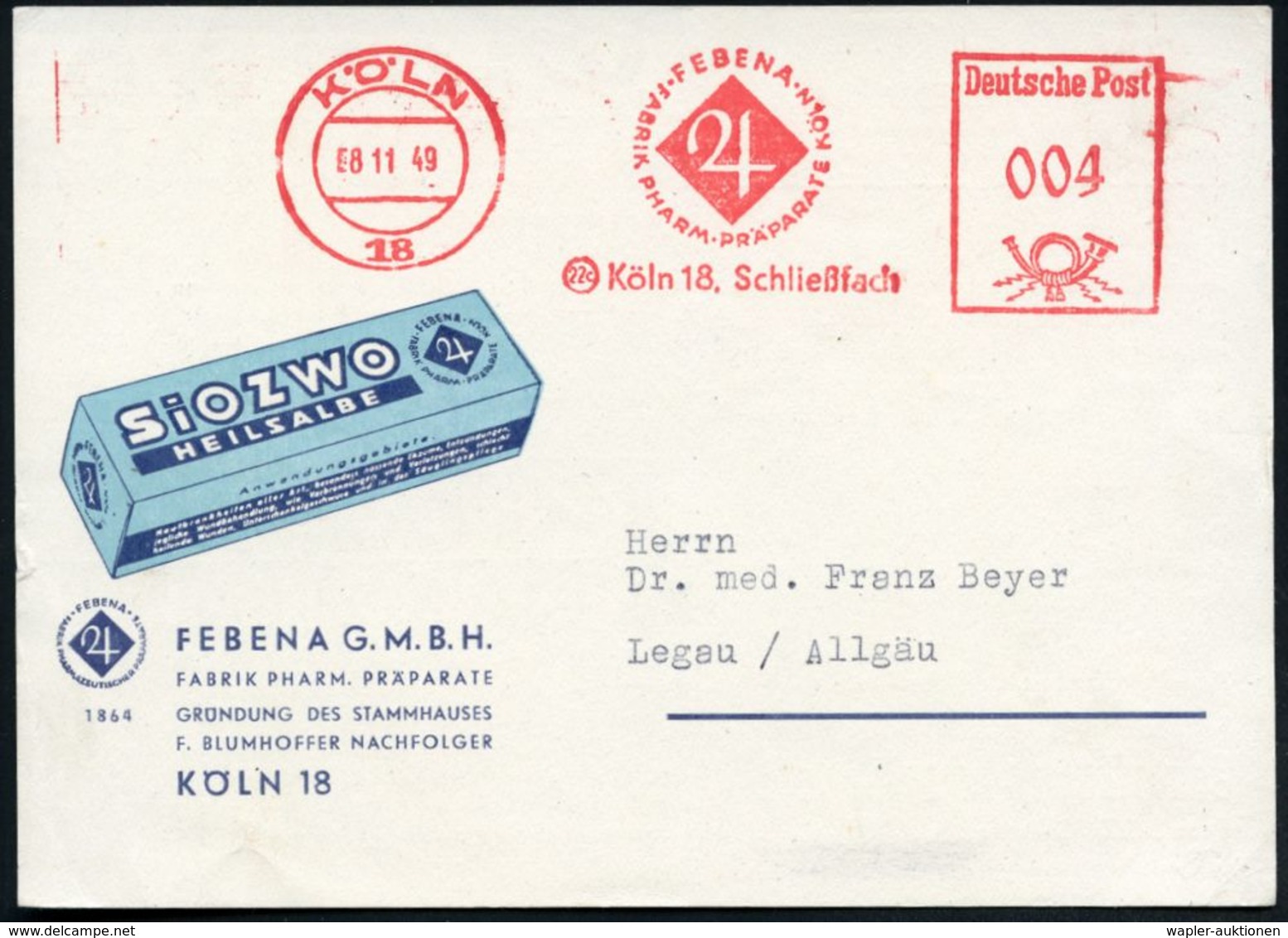 KÖLN/ 18/ FEBENA/ FABRIK PHARM.PRÄPARATE.. 1949 (8.11.) AFS = Astrologisches Zeichen Für "Jupiter" , Motivgleiche Pharma - Astronomie