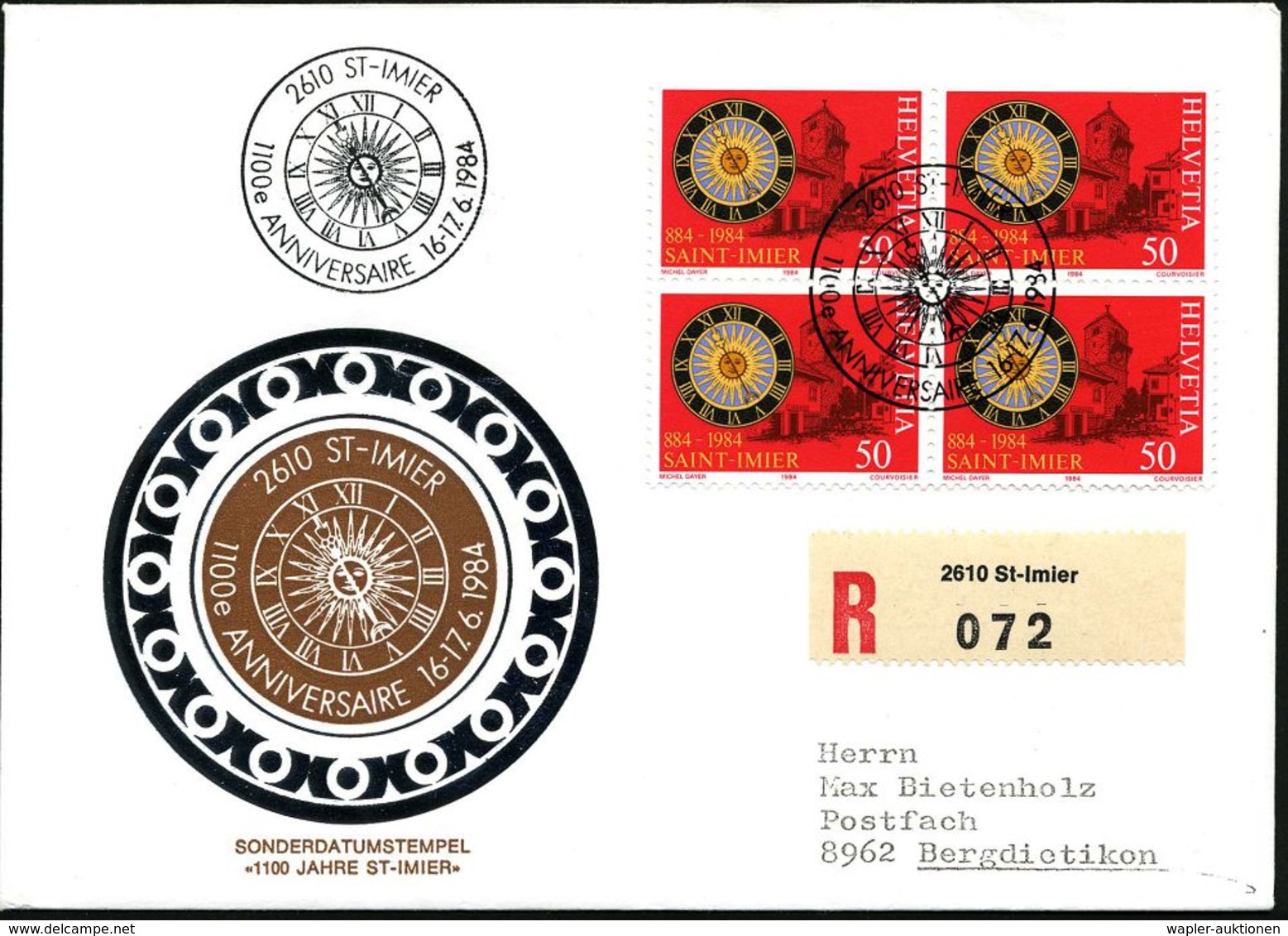 SCHWEIZ 1984 (Juni) 50 C. Sonnenuhr , Reine MeF: 4er-Bl. + SSt: 2610 ST-IMIER/1100e ANNIV. = Sonnenuhr + RZ: 2610 St-Imi - Astronomie