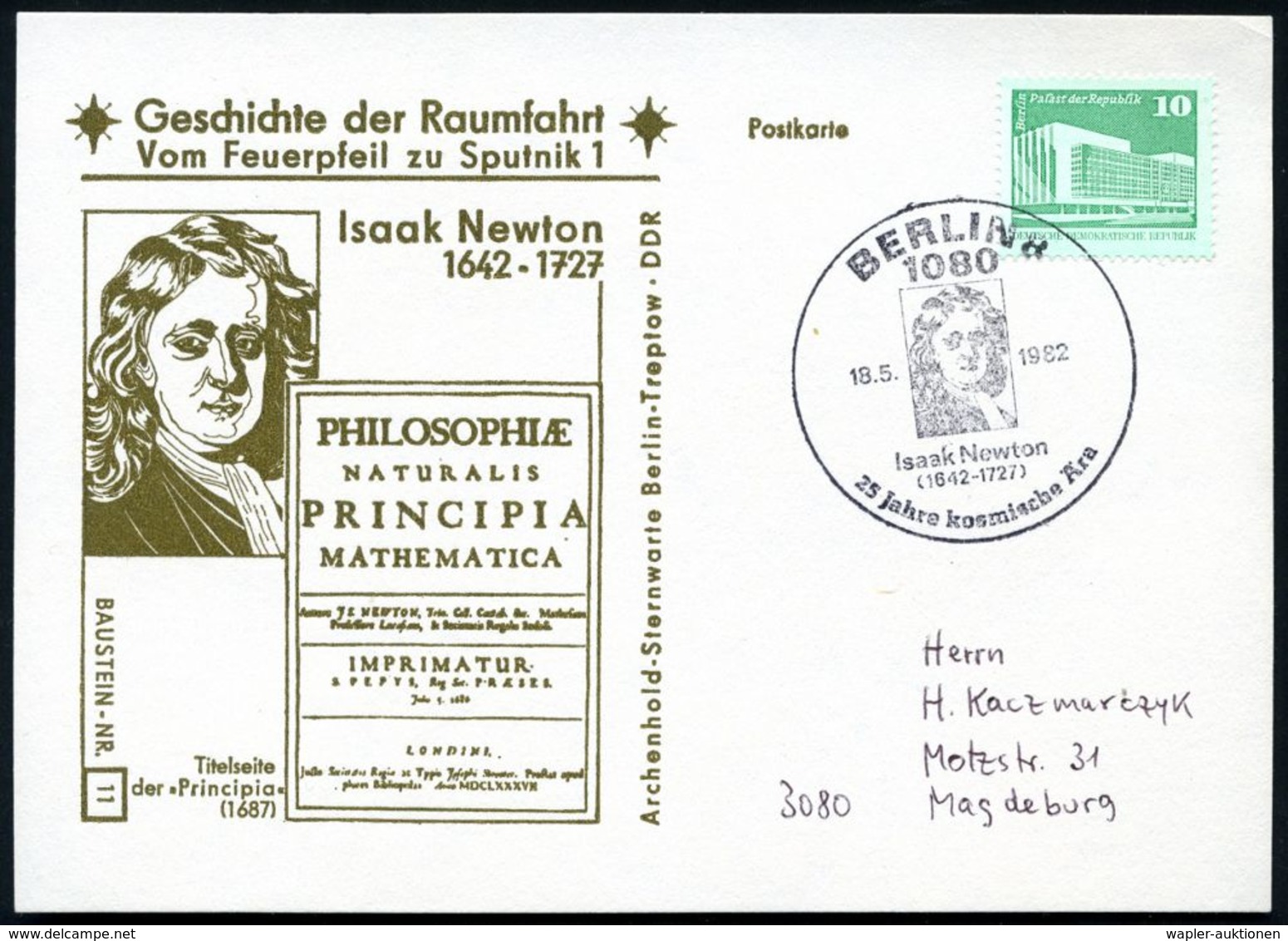 1080 BERLIN 8/ Isaak Newton/ (1642-1727)/ 25 Jahre Kosmische Ära 1982 (18.5.) SSt = Brustbild Newton , Klar Gest. Motivg - Astronomy