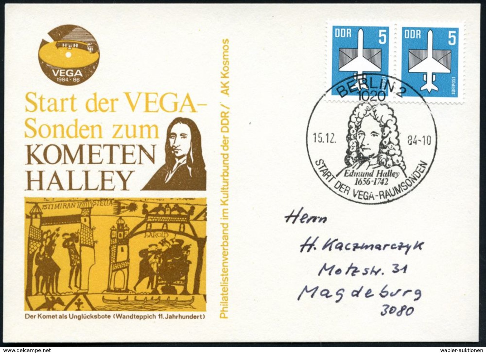 1020 BERLIN 2/ Edmund Halley/ 1656-1742.. 1984 (15.12.) SSt  = Brustbild Halley Auf Passender Inl.-Sonderkarte Zum Start - Astronomie