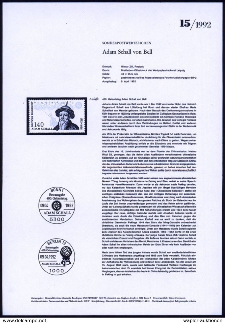 B.R.D. 1992 (Apr.) 140 Pf. "400. Geburtstag Adam Schall Von Bell" Mit Amtl. Handstempel  "M U S T E R" , Postfr. = Jesui - Astronomie