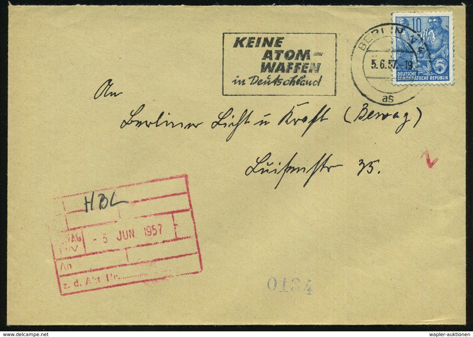 BERLIN N 4/ As/ KEINE/ ATOM-/ WAFFEN/ In Deutschland 1957 (5.6.) Seltener MWSt Auf Bedarfs-Ortsbrief (Bo.759 A , Nur 195 - Atome