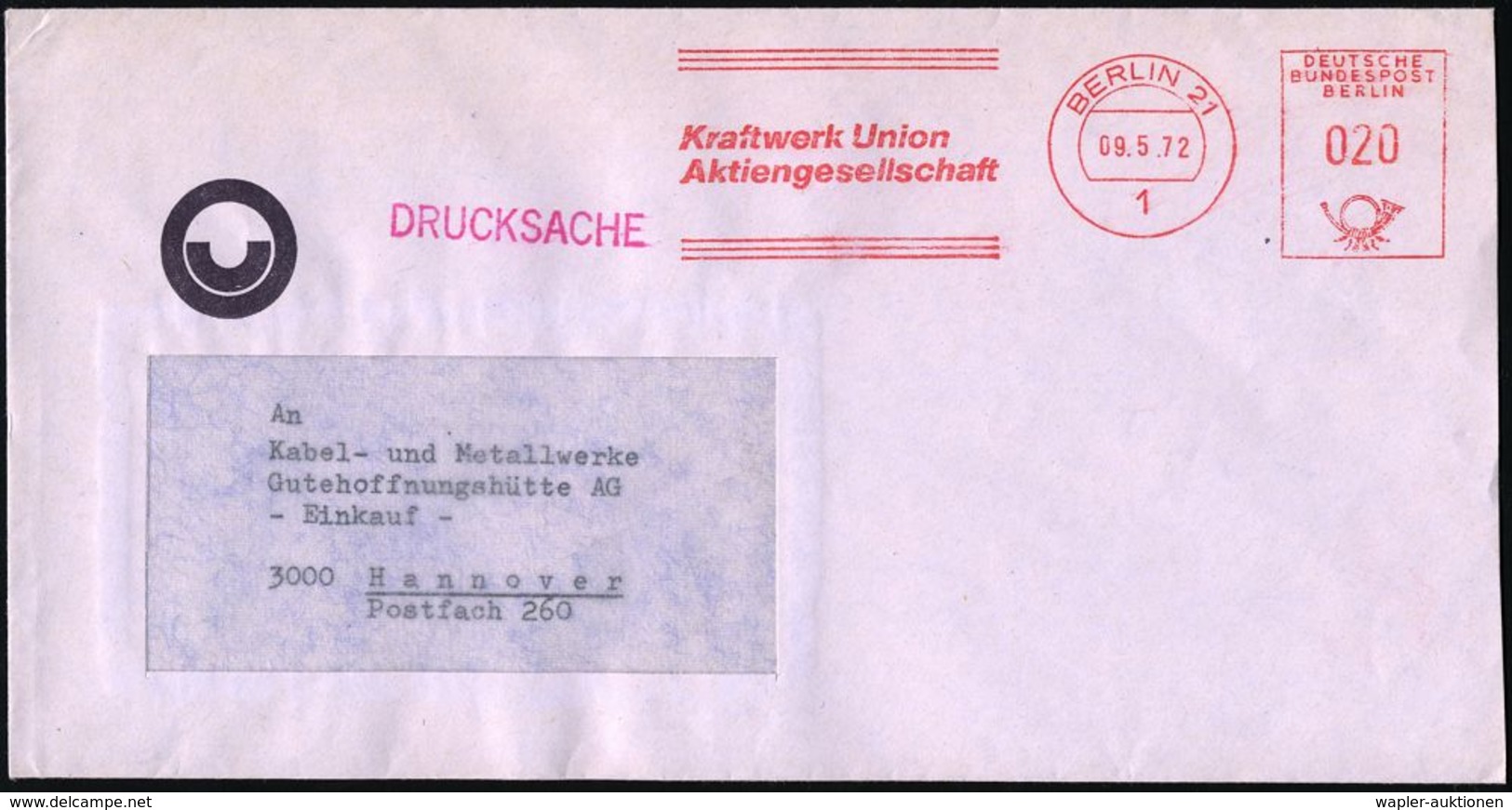 1 BERLIN 21/ Kraftwerk Union/ AG 1972 (Mai) AFS Klar Auf Inl.-Firmenbrief Mit Firmen-Logo (Dü.E-27) - Panzer / Tanks / C - Atome