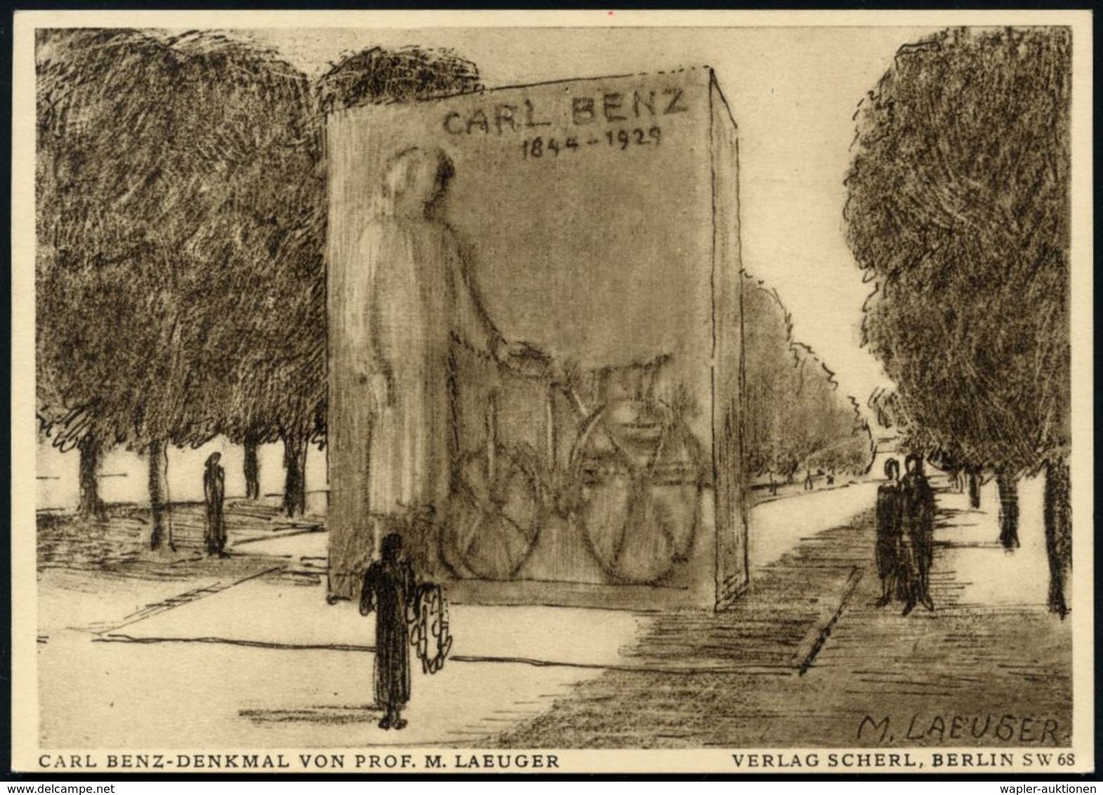 Mannheim 1933 PP 6 Pf. Hindenburg, Grün: CARL BENZ-DENKMAL VON PROF. M. LAEUGNER = Zeichnung Des Benz-Denkmals Von M. La - Coches