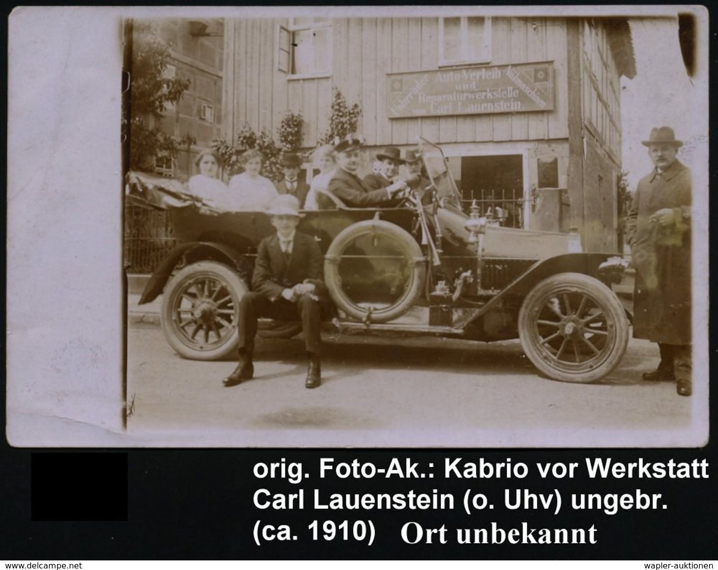 DEUTSCHES REICH 1910 (ca.) Orig. Foto-Ak.: Autoverleih U. Reparaturwerkstatt Carl Lauenstein (Ort ?) = Kabrio PKW , Unge - Coches