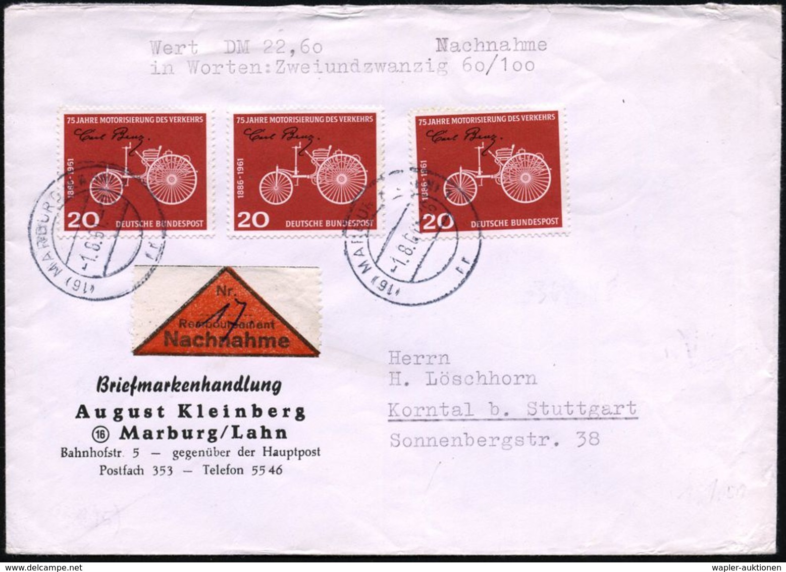 B.R.D. 1961 (1.8.) 20 Pf. "75 Jahre Carl-Benz-Automobil", Reine MeF: 3 Stück Sauber Gest. (Marburg), Inl.-NN-Brief  (Mi. - Voitures