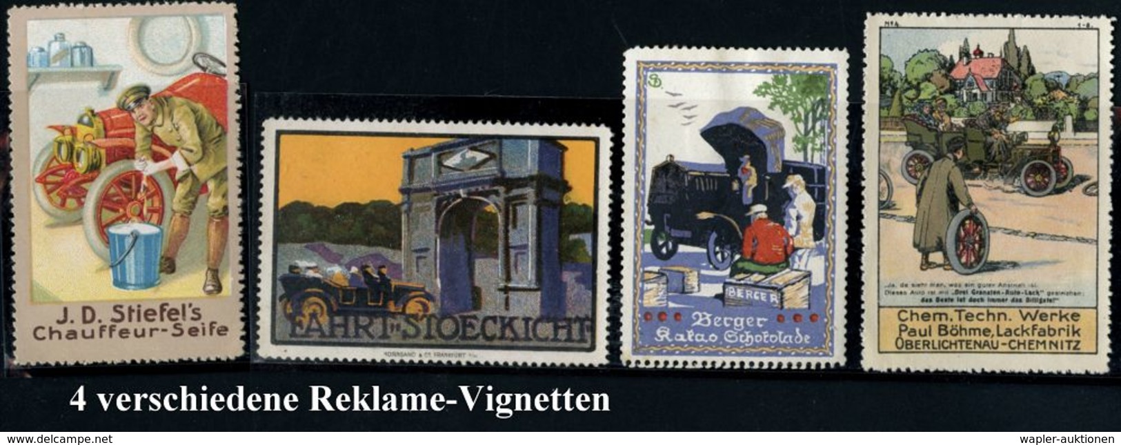 DEUTSCHES REICH 1910 (ca.) 4 Verschiedene Reklame-Vignetten Mit Oldtimern, Dabei Paul Böhm Chemnitz , Alle O. G. (Einzel - Voitures