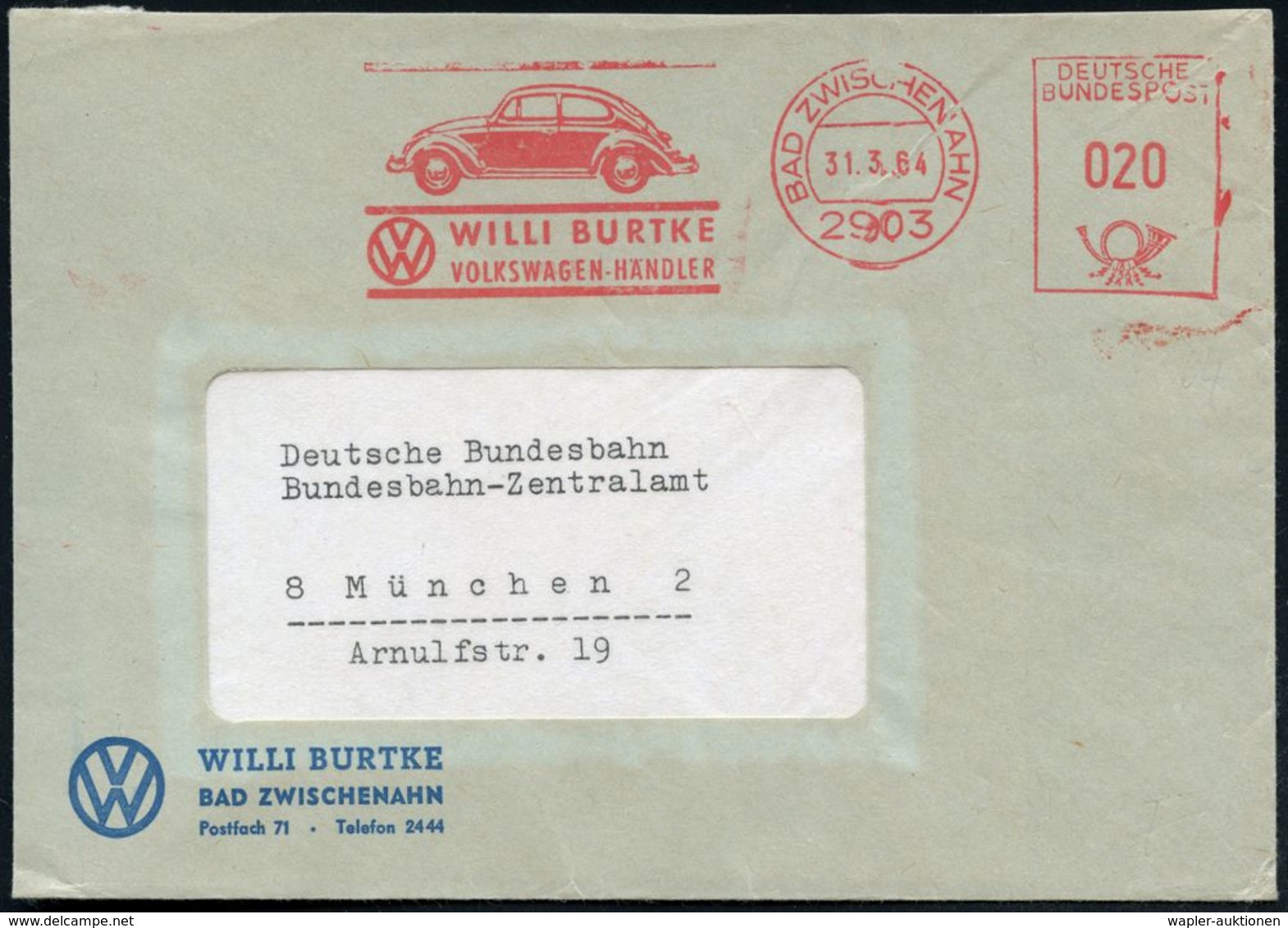 2903 BAD ZWISCHENAHN/ WILLI BURTKE/ VOLKSWAGEN-HÄNDLER 1964 (31.3.) AFS = VW "Käfer" , Firmen-Bf. Mit VW-Logo (Dü.E-26)  - Voitures