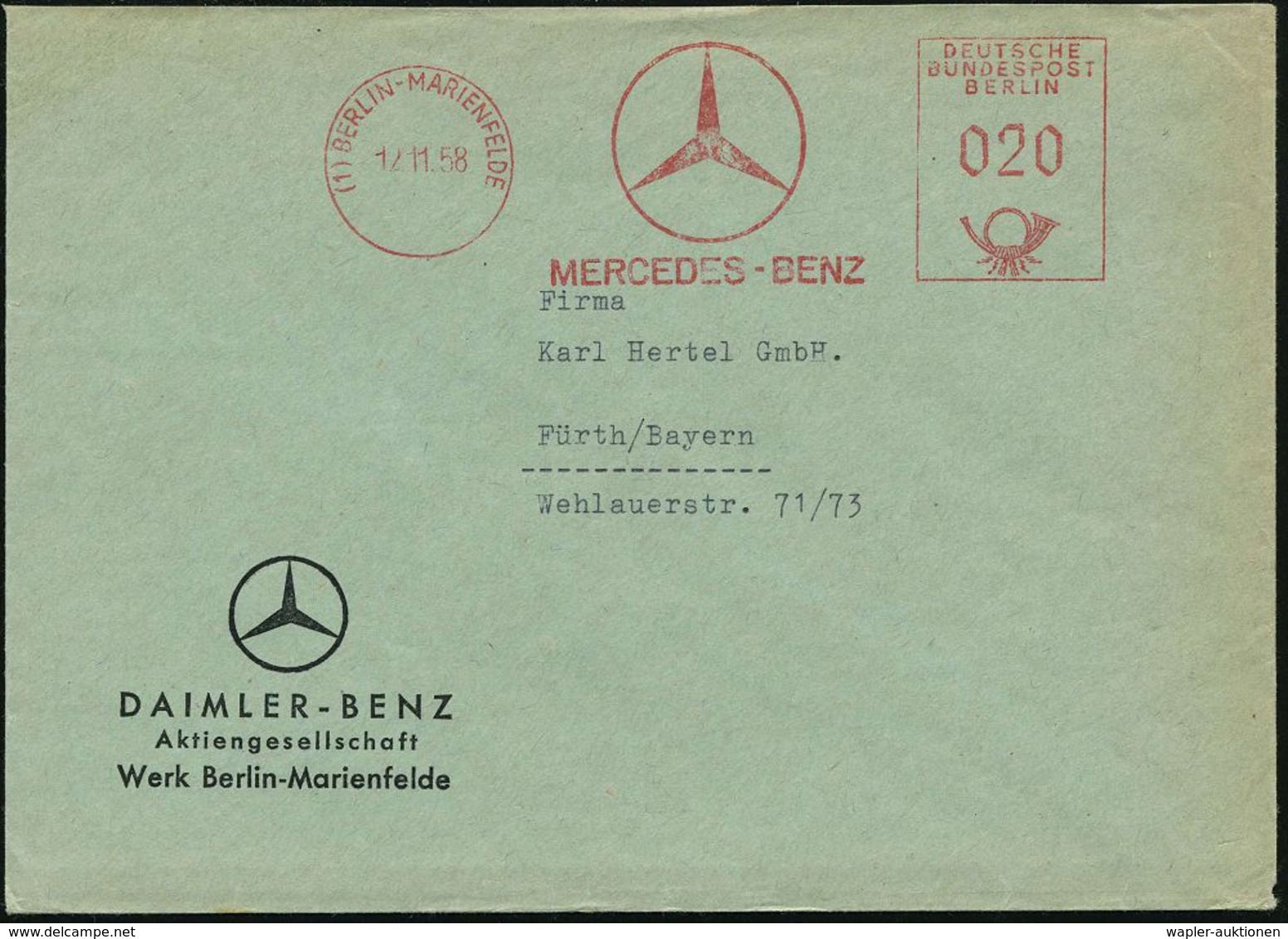 (1) BERLIN-MARIENFELDE/ MERCEDES-BENZ 1958 (12.11.) AFS (MB-Stern-Logo) Motivgl. Firmenbrief (Dü.E-24CGo) - Autobahn & S - Voitures