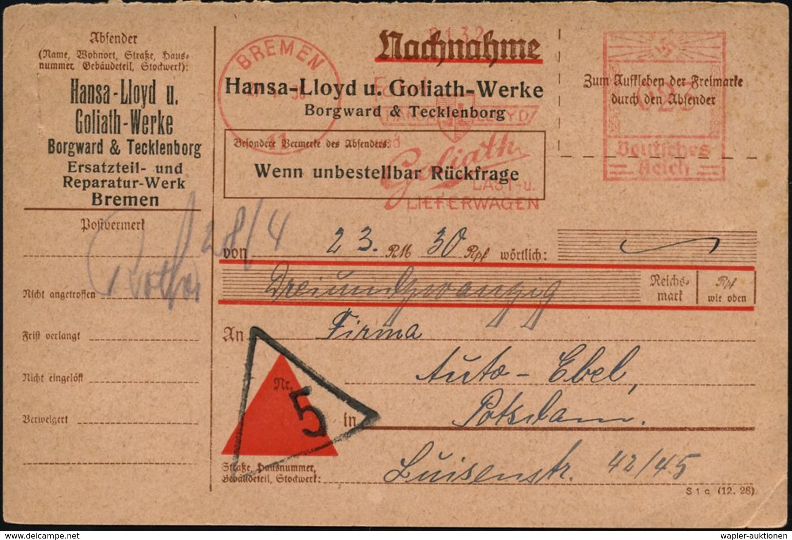 BREMEN/ 11/ Fahrt/ HANSA LLOYD/ Und/ Goliath/ LAST-u./ LIEFERWAGEN 1935 (27.4.) AFS 023 Pf. (Firmen-Logo) Klar Gest. Fir - Voitures