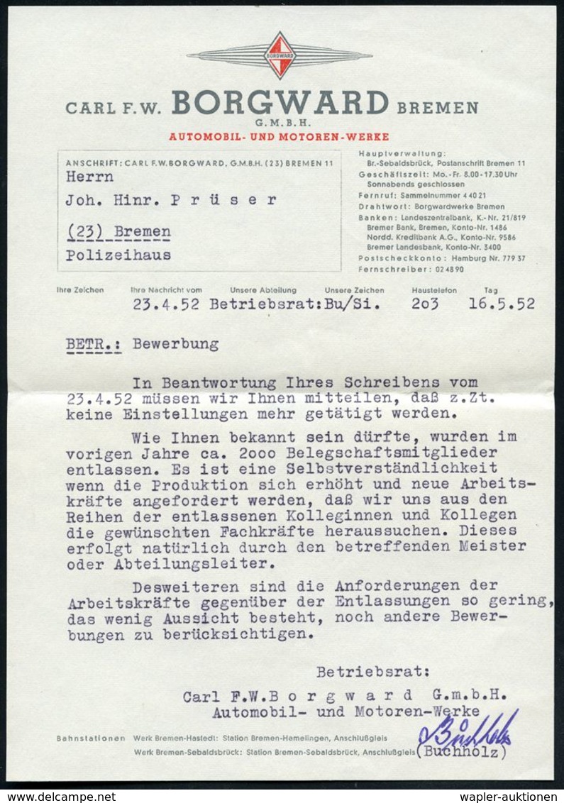 (23) BREMEN 11/ BORGWARD/ WAGEN AUS BREMEN.. 1952 (16.5.) AFS (Firmenlogo) Auf Motivgleichem Firmenbrief + Inhalt: Brief - Voitures