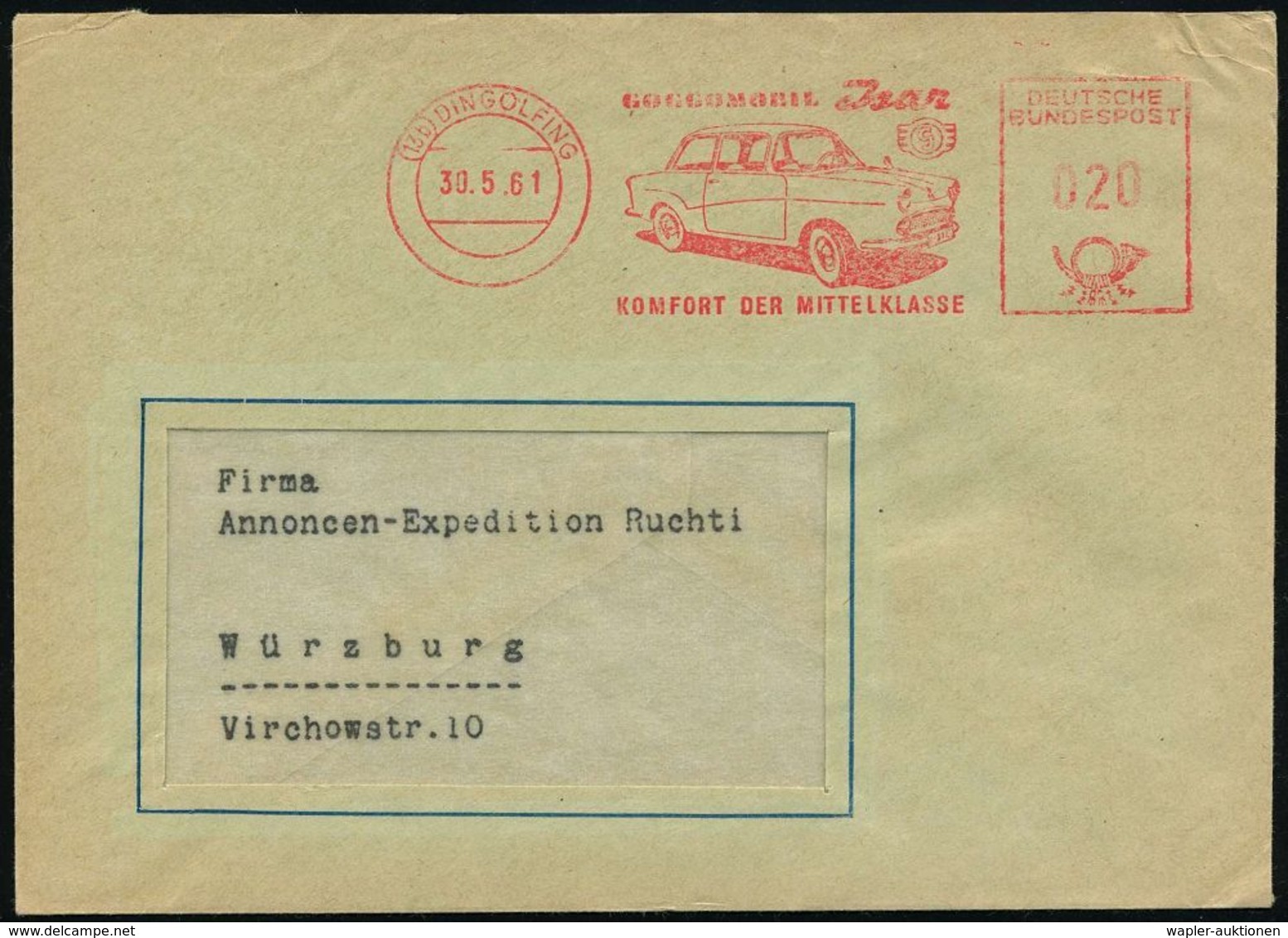 (13a) DINGOLFING/ GOGGOMOBIL Jsar/ KOMFORT DER MITTELKLASSE 1961 (30.5.) AFS = Goggomobil "Jsar" (u. Firmen-Logo) Rs. Ab - Autos