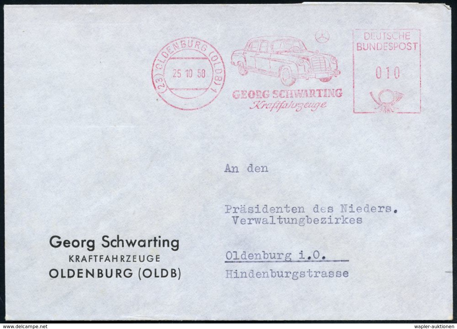 (23) OLDENBURG (OLDB)1/ GEORG SCHWARTING.. 1958 (25.10.) Dekorat. AFS = MB "Typ 190" (+ MB-Stern-Logo) Klar Gest. Firmen - Voitures