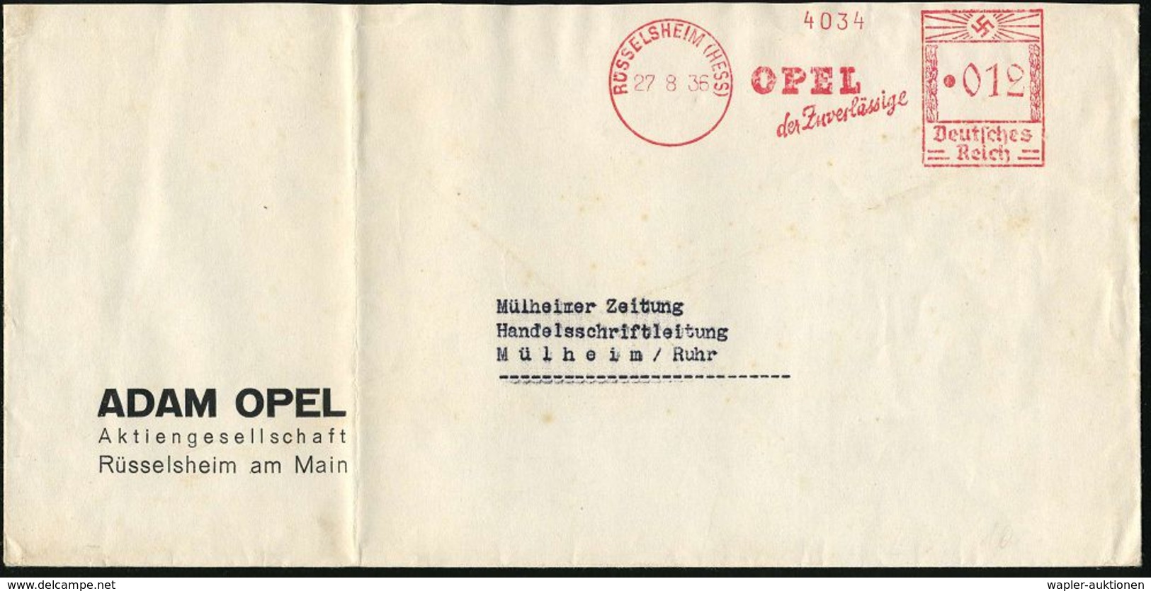 RÜSSELSHEIM (HESS)/ OPEL/ Der Zuverlässige 1936 (27.8.) AFS Auf Firmenbrief: ADAM OPEL AG = Hersteller PKW, Militär-LKW  - Voitures