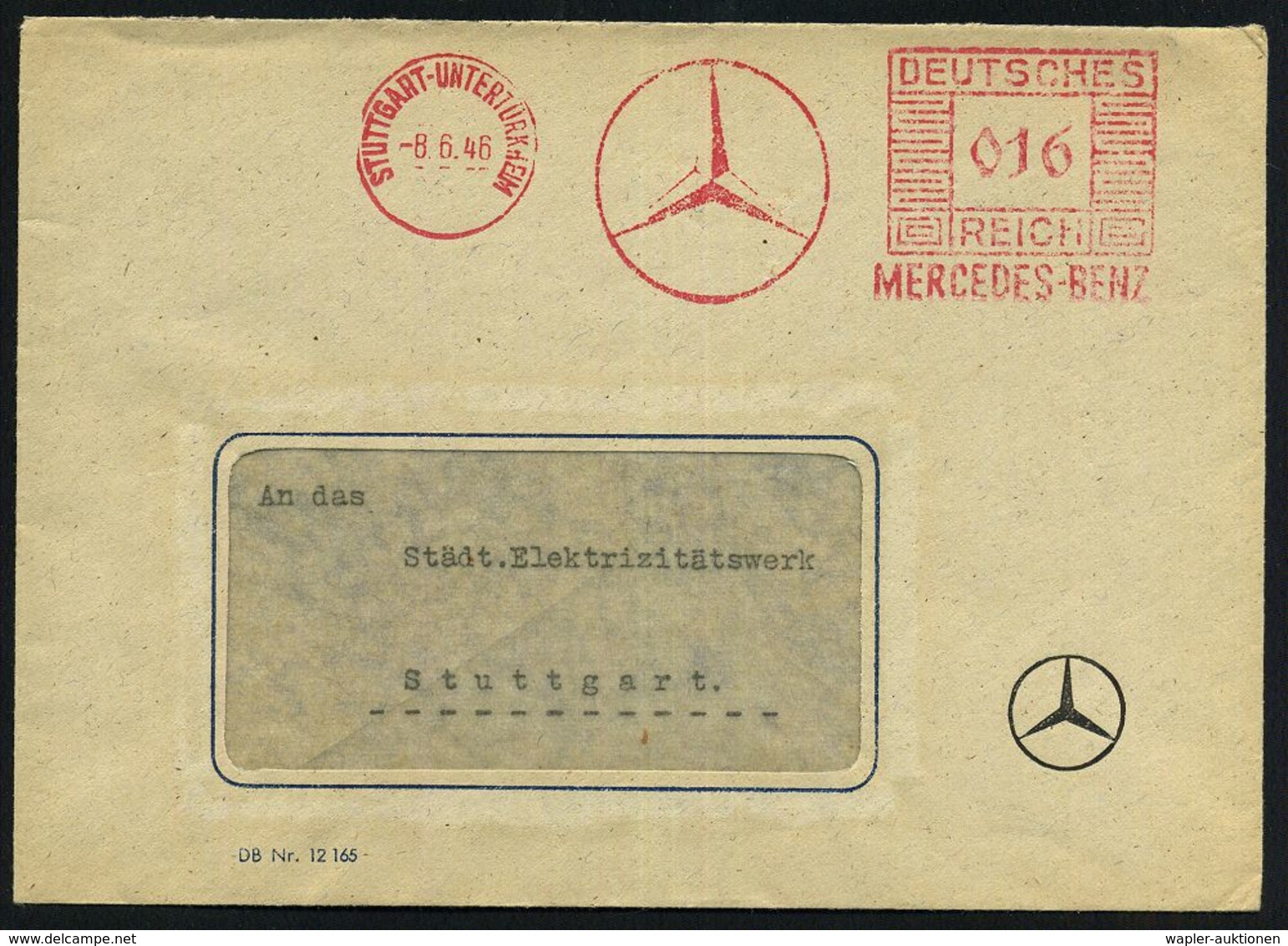 STUTTGART-UNTERTÜRKHEIM/ MERCEDES-BENZ 1946 (8.6.) AFS Mäanderrechteck "DEUTSCHES REICH" Unver-ändert Weiterverwendet! ( - Voitures