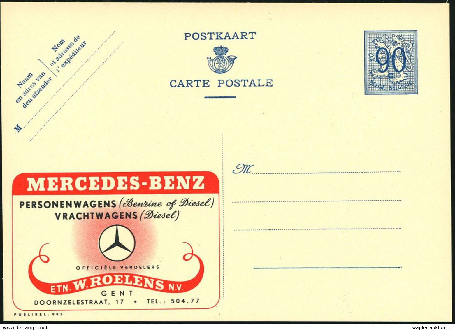 BELGIEN 1951 90 C. Reklame-P, Blau: MERCEDES-BENZ/ PERSONENWAGENS../ VRACHTWAGENS.. (MB-Stern) Ungebr. (Mi.P 273 II/993) - Voitures