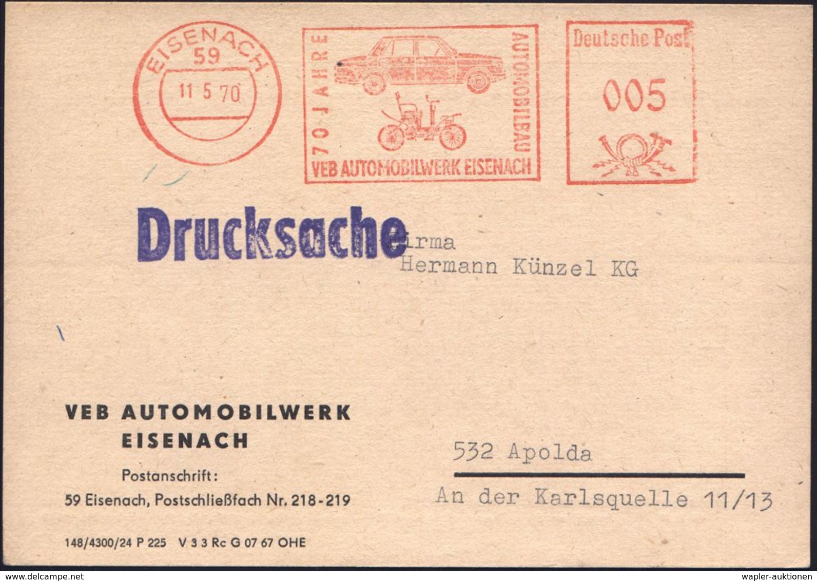 59 EISENACH/ 70 JAHRE/ AUTOMOBILBAU/ VEB AUTOMOBILWERK.. 1970 (11.5.) Dekorat. Jubil-AFS = "Wartburg-Wagen 2" Von 1898 = - Voitures