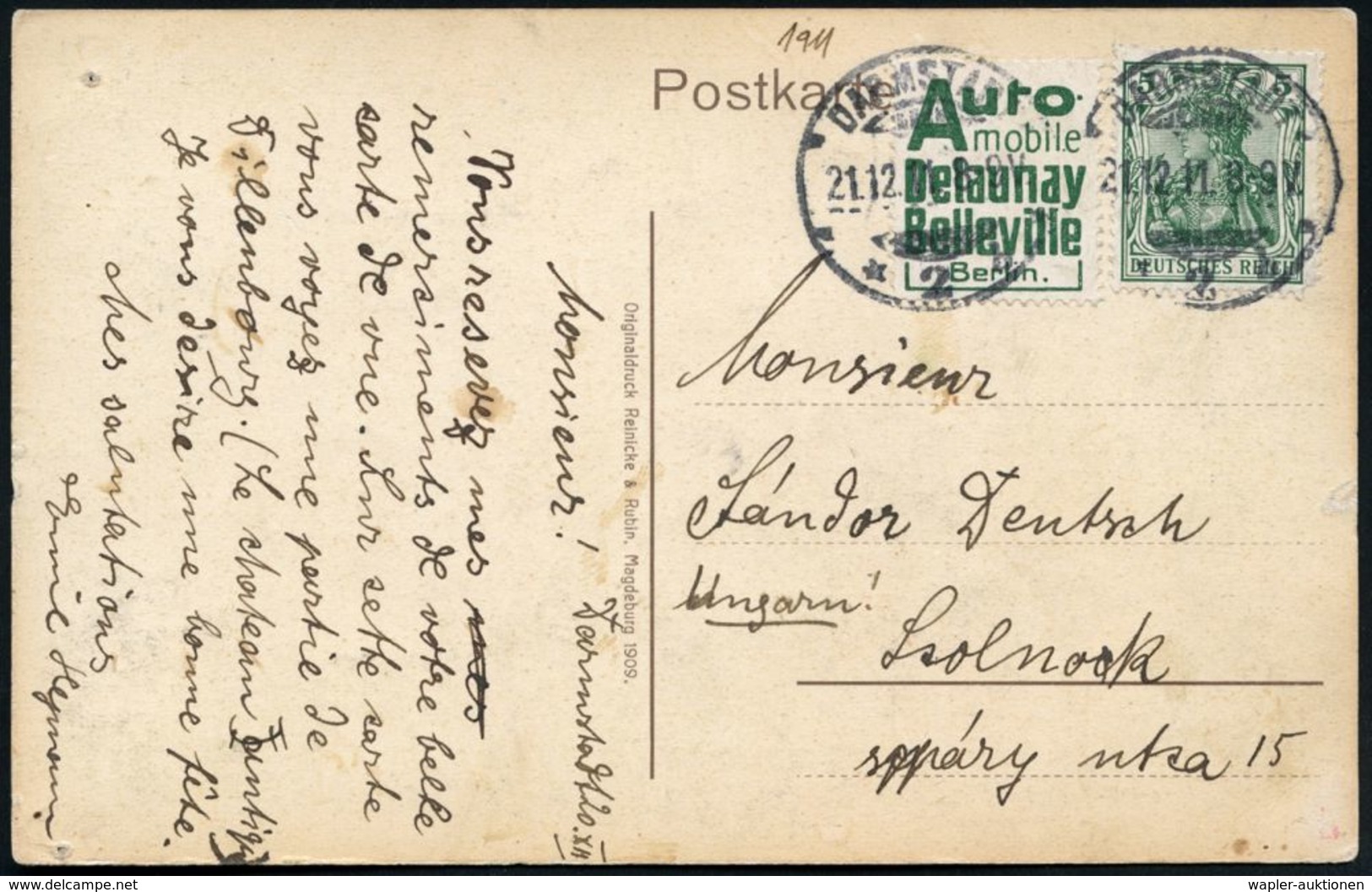 DARMSTADT 2 1911 (21.12.) 5 Pf. Germania + Amtl. Reklamefeld: Auto-mobile Delaunay Belleville, Berlin (abgetrennt, Aber  - Voitures