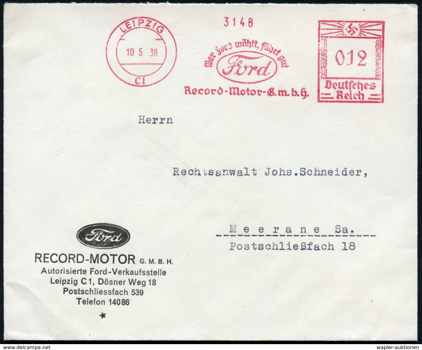 LEIPZIG/ C1/ Wer Ford Wählt,fährt Gut/ Ford/ Record-Motor-GmbH 1938 (10.5.) AFS = Ford-Logo Klar Auf Motivgl. Firmenbrie - Coches