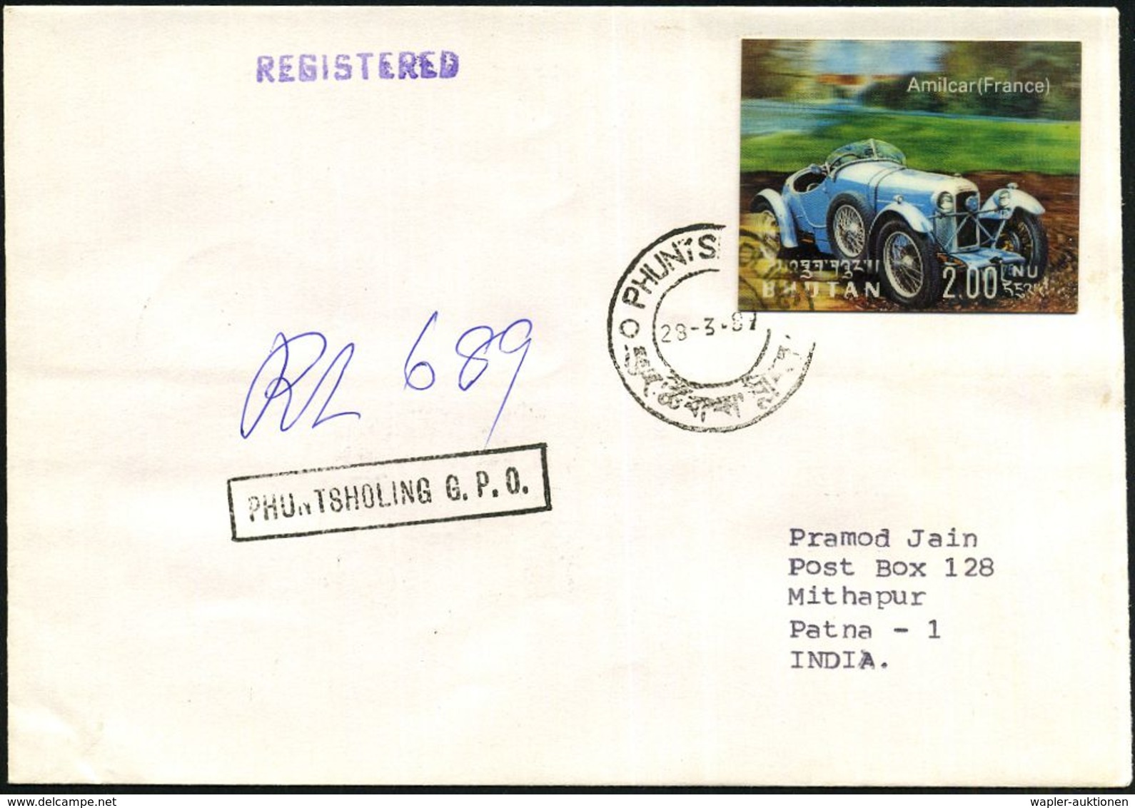 BHUTAN 1989 (28.3.) 2,00 Nu. "Amilcar" Sport-Kabrio (französ. Autofabrik 1921 - 1939) Ungez. 3-D Marke, Wie EF (u.a. Fra - Voitures