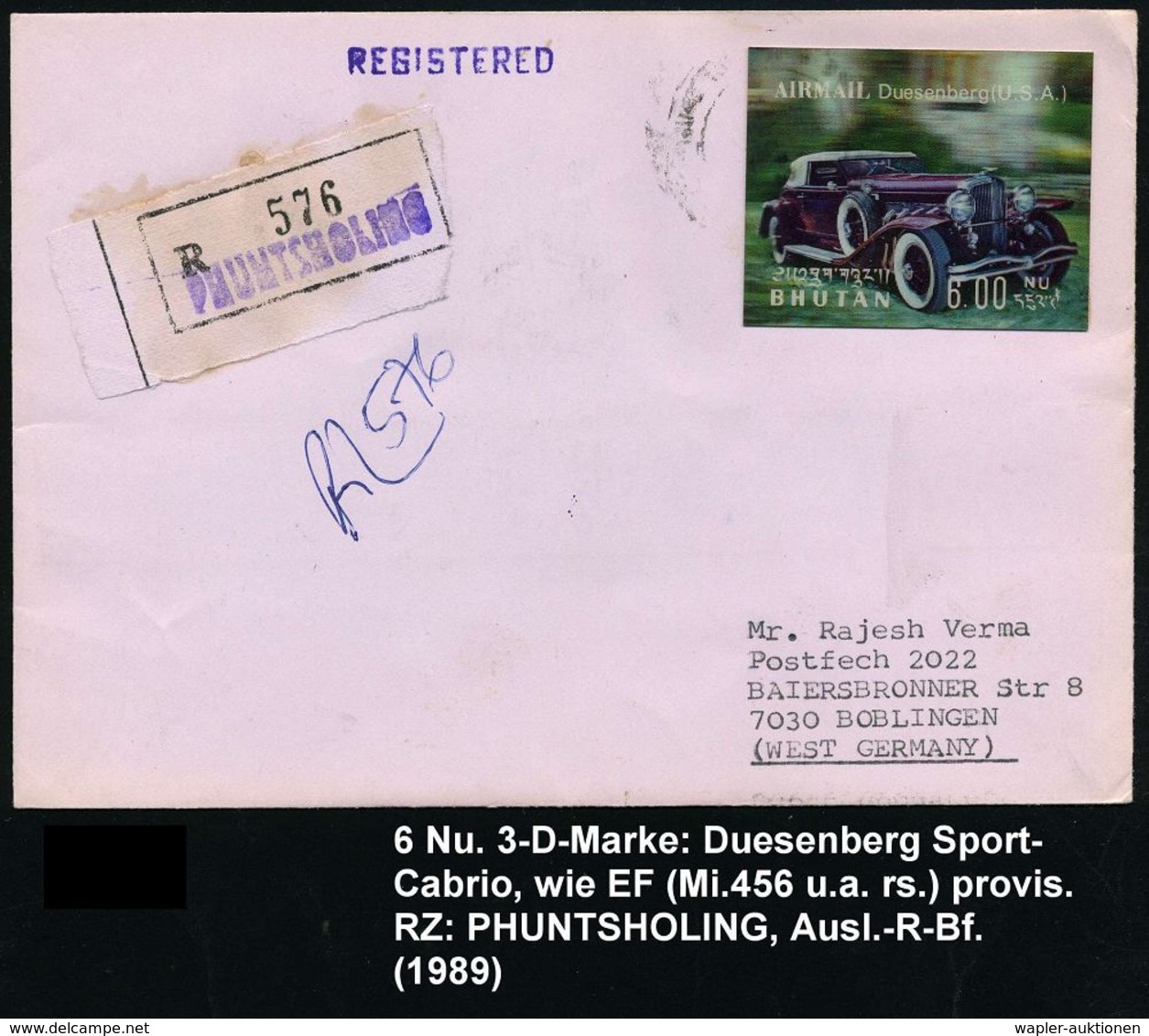 BHUTAN 1989 6.00 Nu. "Duesenberg, Cabrio Sport", 3-D-Marke Wie EF (u.a. Frankatur Rs.) + Provis. RZ (Phuntsholing) Ausl. - Voitures