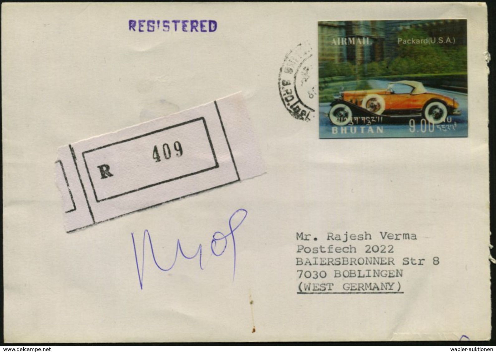 BHUTAN 1989 9,00 Nu., Packard (USA) EF = 3-D-Marke = Satz-Höchstwert + Provis., Stummer RZ (ohne Ort), Ausl.-R-Brief  (M - Voitures