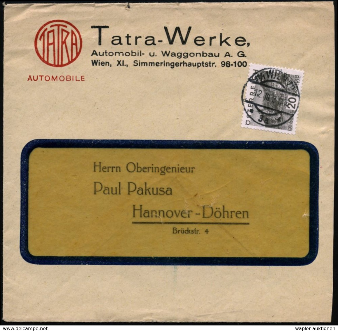 ÖSTERREICH 1931 (12.3.) Vordr.-Bf.: Tatra-Werke, Automobil- U. Waggonbau AG.. (Firmen-Logo) EF 20 Gr. Landschaft, Klar G - Voitures