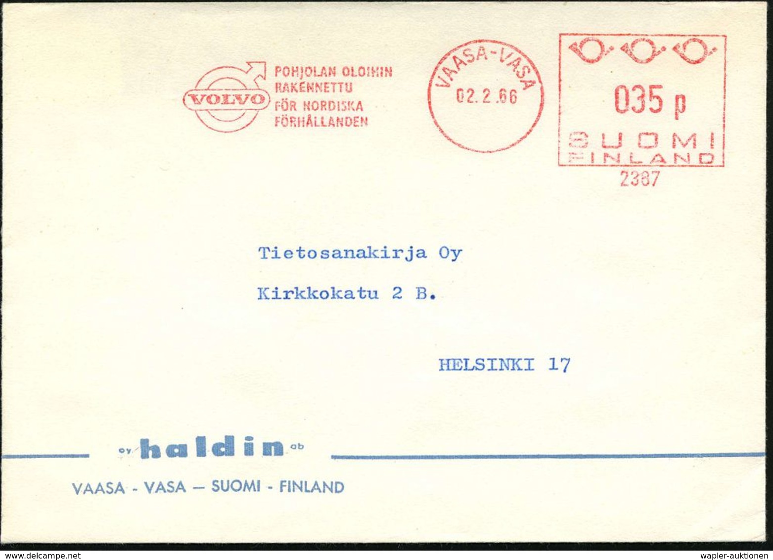 FINNLAND 1966 (2.2.) AFS: VAASA-VASA/2387/VOLVO/POHJOLAN OLOHIN/RAKENNTTU.. (Volvo-Logo) Klar Auf Inl.-Firmenbrief - Chr - Voitures