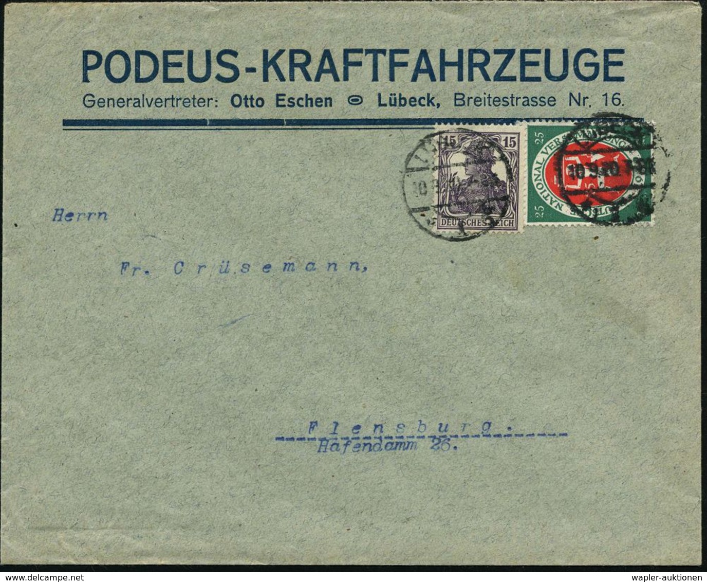 LÜBECK/ *1g 1920 (10.9.) 1K Auf Firmenbrief:  P O D E U S - KRAFTFAHRTZEUGE = LKW- , Schlepper- U. Eisenbahnwaggon-Herst - Camions