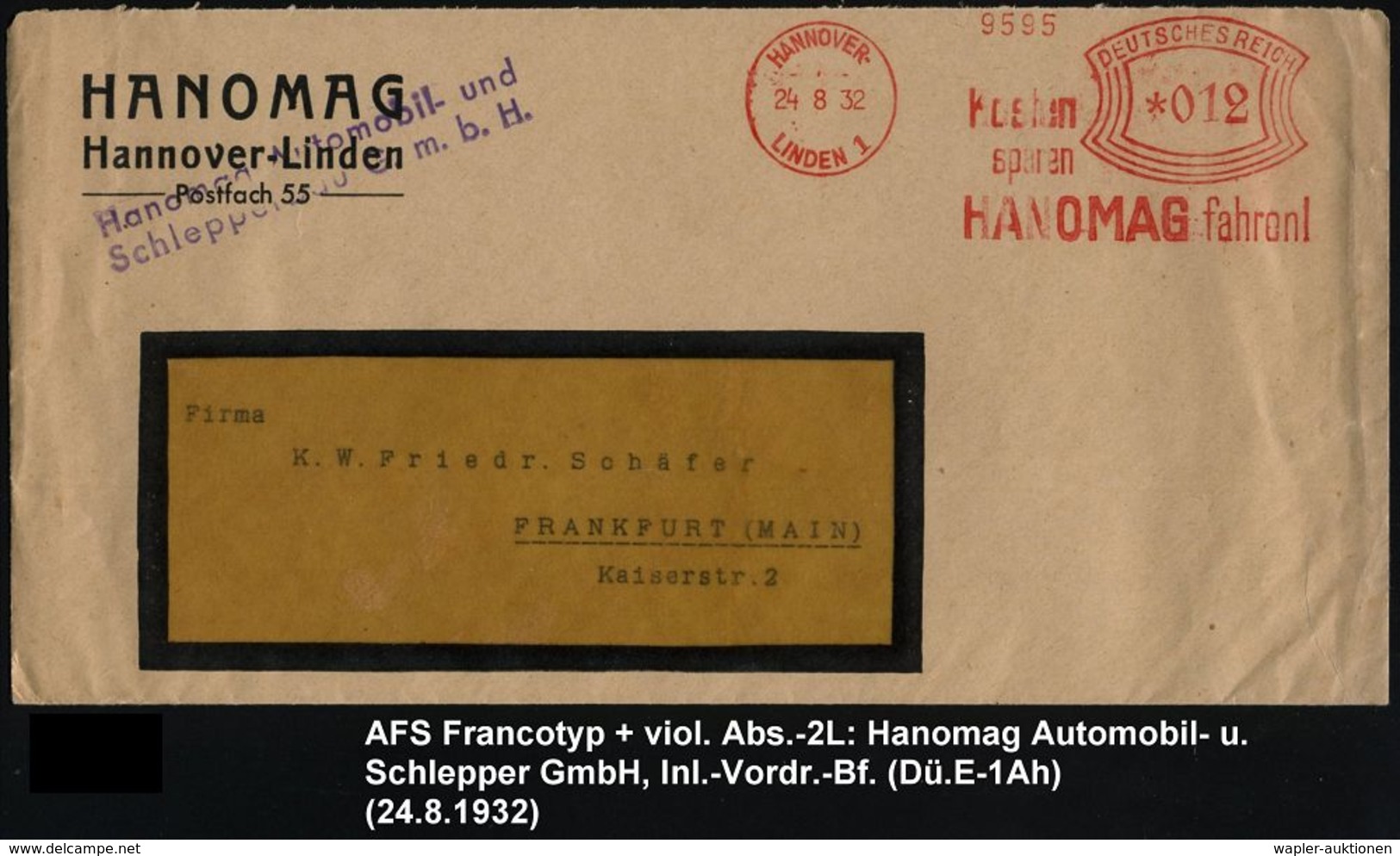 HANNOVER-/ LINDEN 1/ Kosten/ Sparen/ HANOMAG Fahren! 1932 (24.8.) AFS + Viol. 2L: Hanomag Automobil- U. Schlepperbau Gmb - Voitures