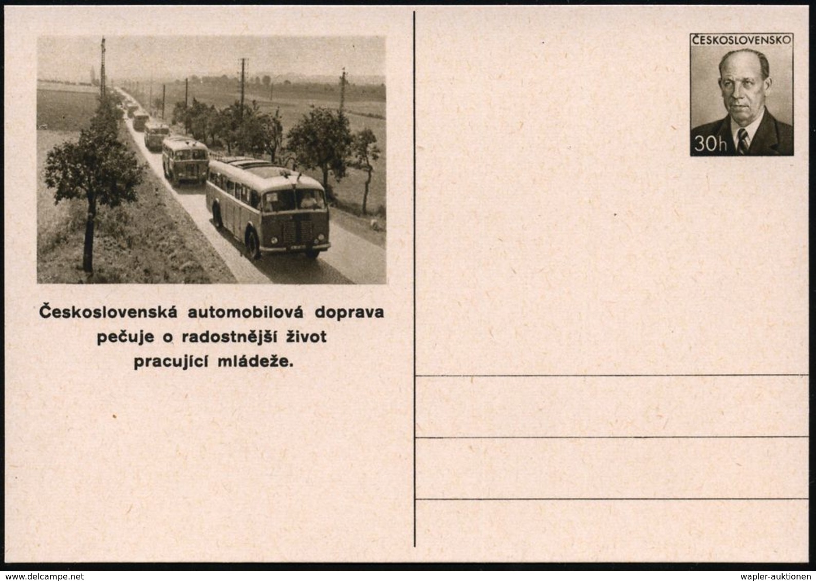 TSCHECHOSLOWAKEI 1953 30 H. BiP Zapotocky, Braun: Omnibus-Überlandverkehr (Omnibusse "Tatra") Ungebr., Selten!  (Mi.P 13 - Bus