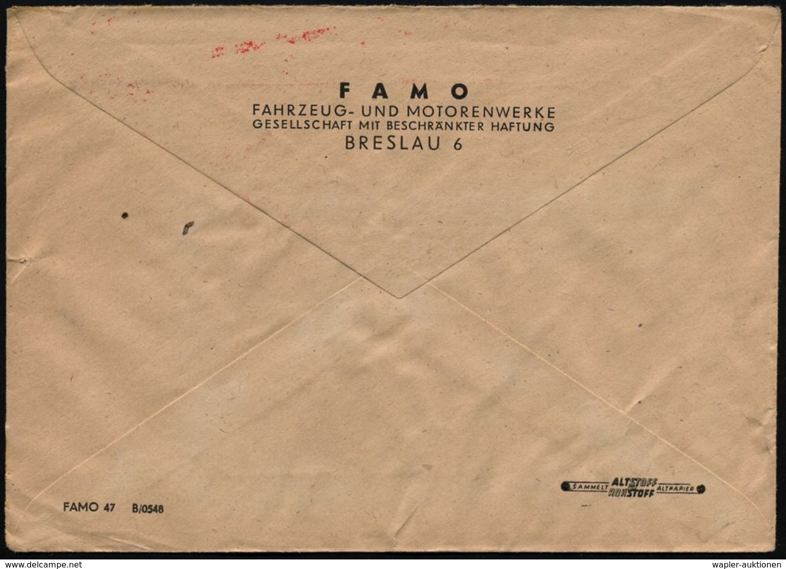 BRESLAU 6/ FAMO/ Fahrzeug-u.Motorenwerke/ GmbH 1944 (10.3.) Seltener AFS Francotyp Adler "Antiqua" (Firmen-Logo) Rs. Abs - Autres (Terre)