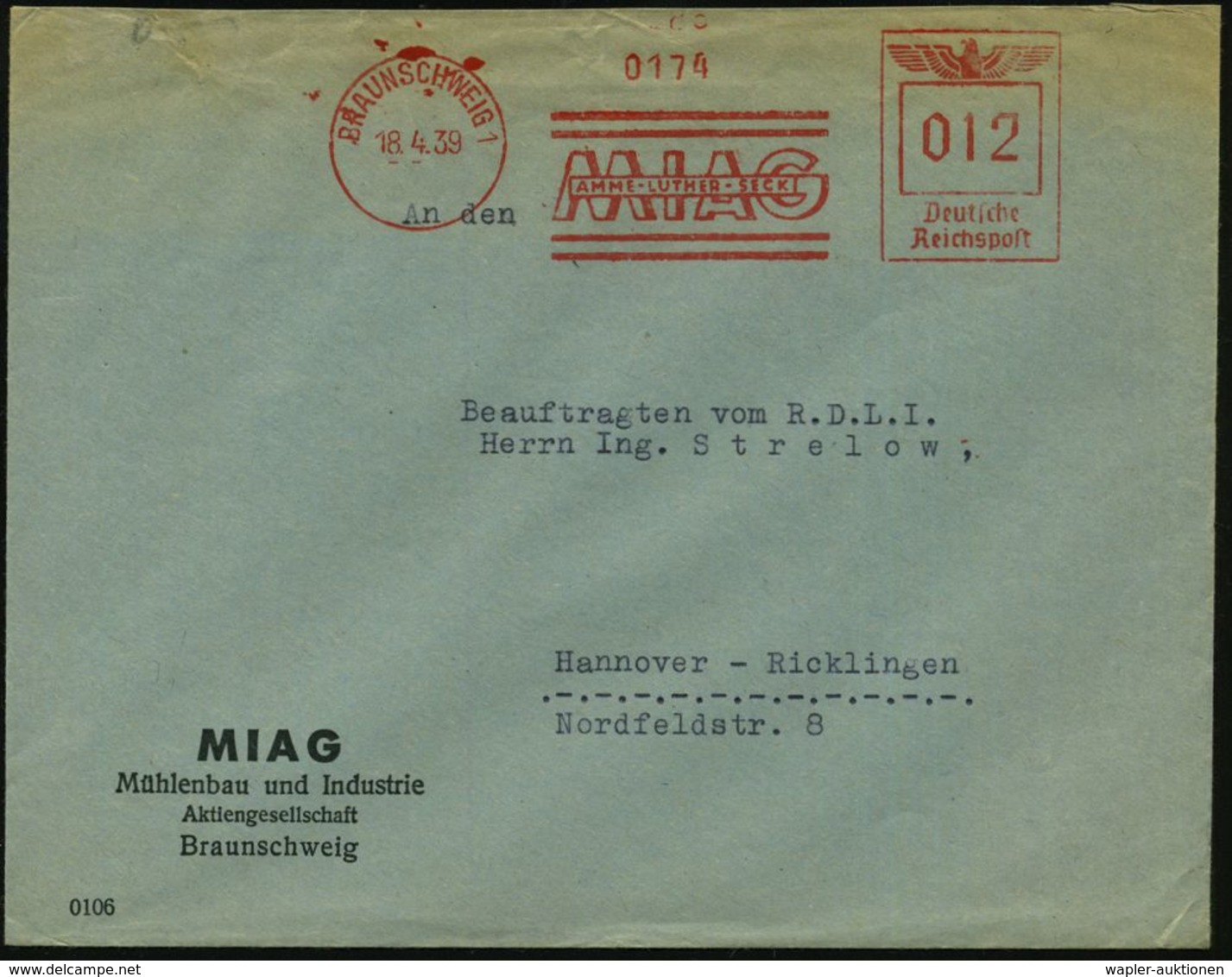 BRAUNSCHWEIG 1/  M I A G / AMME-LUTHER-SECK 1939 (18.4.) AFS , Klar Gest. Firmenbrief: MIAG Mühlenbau U. Industrie AG =  - Autres (Terre)