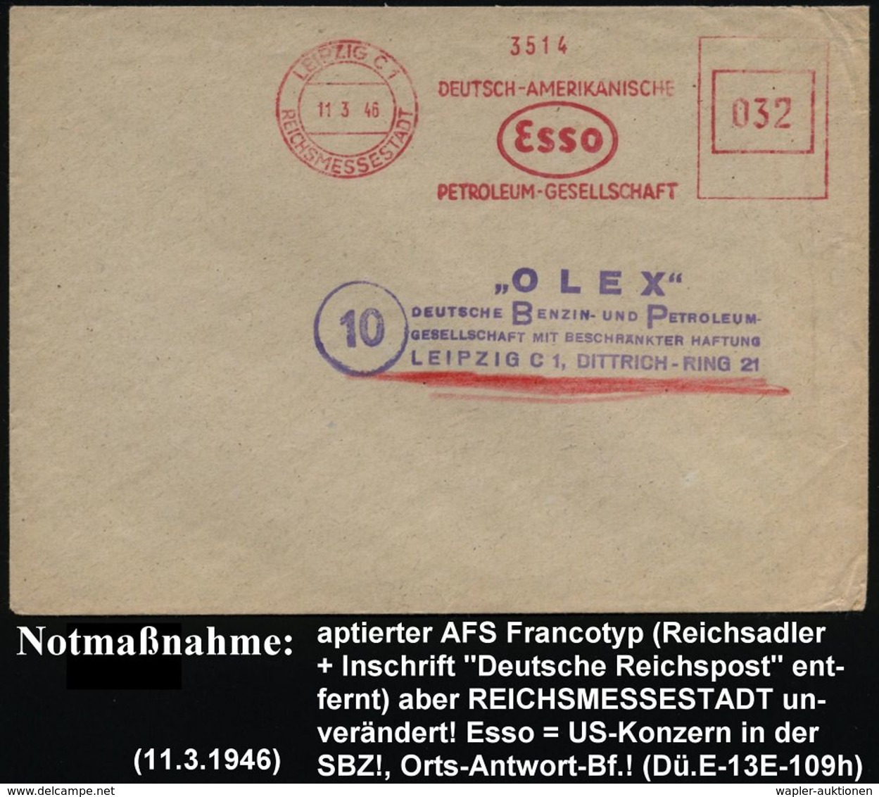 LEIPZIG C 1/ REICHSMESSESTADT/ DEUTSCH-AMERIKANISCHE/ Esso/ PETROLEUM-GES. 1946 (11.3.) Aptierter AFS = NS-Adler Entfern - Voitures