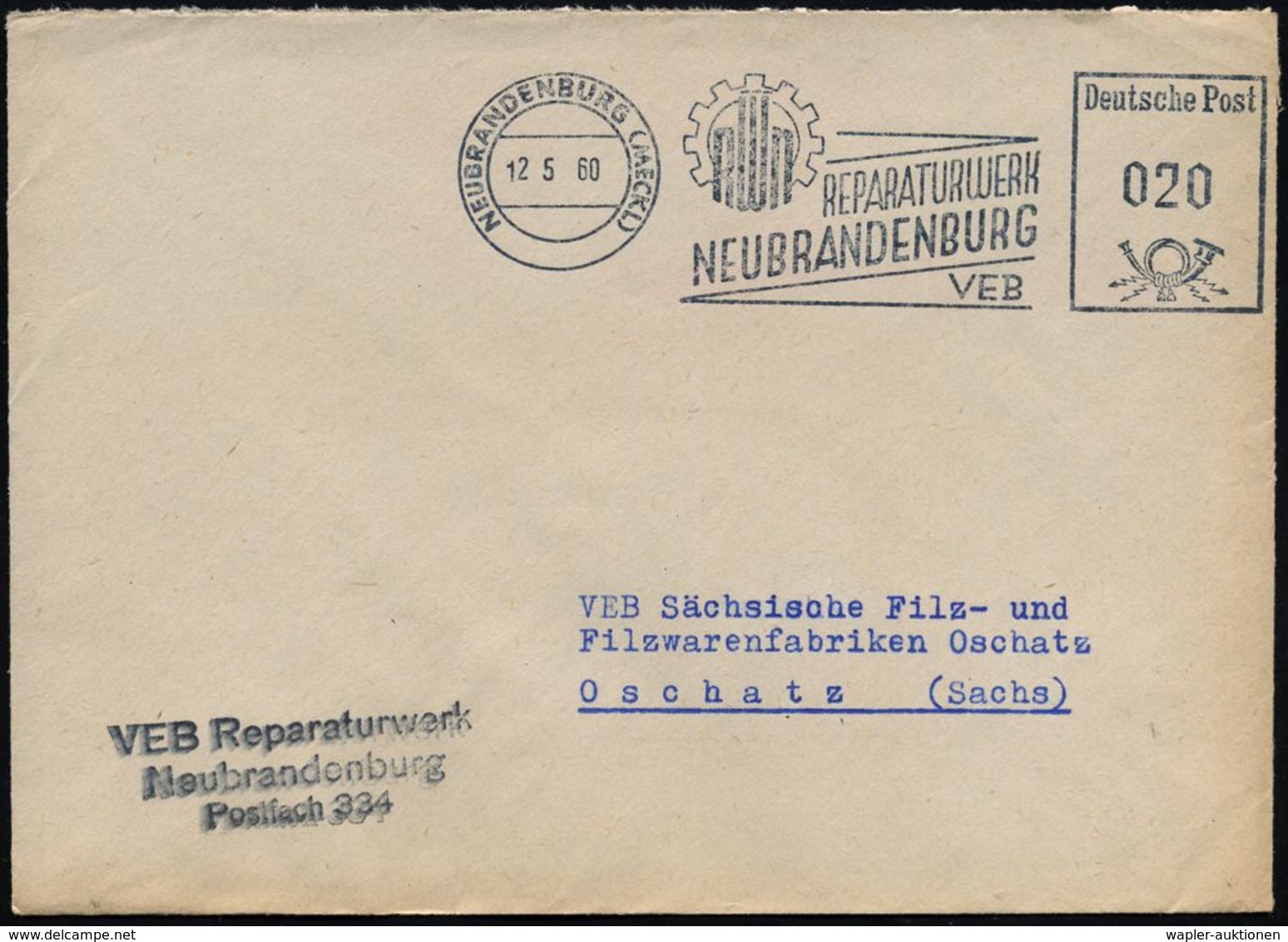 NEUBRANDENBURG (MECKL)RWN/ REPARATURWERK/ NEUBRANDENBURG/ VEB 1960 (30.9.) Blauer AFS = Monogr. Vor Zahnrad + Abs.-HdN., - Voitures