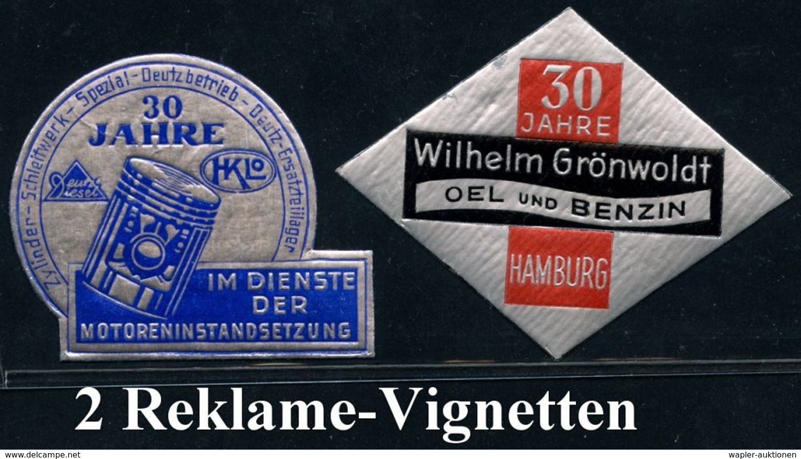 B.R.D. 1950 (ca.) 2 Silberne Jubiläums-Vignetten:  Fa. Deutz, Köln Bzw. W. Grönwoldt, Hamburg , Je Orig. G. (Einzelausru - Autos