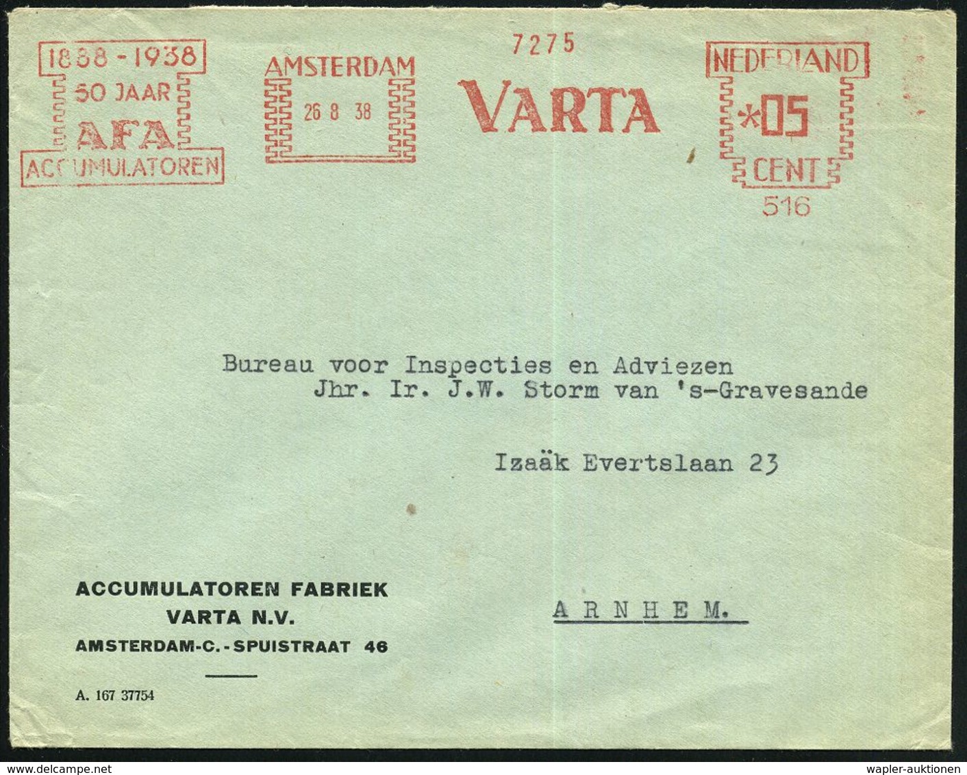 NIEDERLANDE 1938 (26.8.) Jubil.-AFS.: AMSTERDAM/516/1888 - 1938/50 JAAR/AFA/ACCUMULATOREN , Vordr.-Bf.: ACCUMU-LATOREN F - Voitures