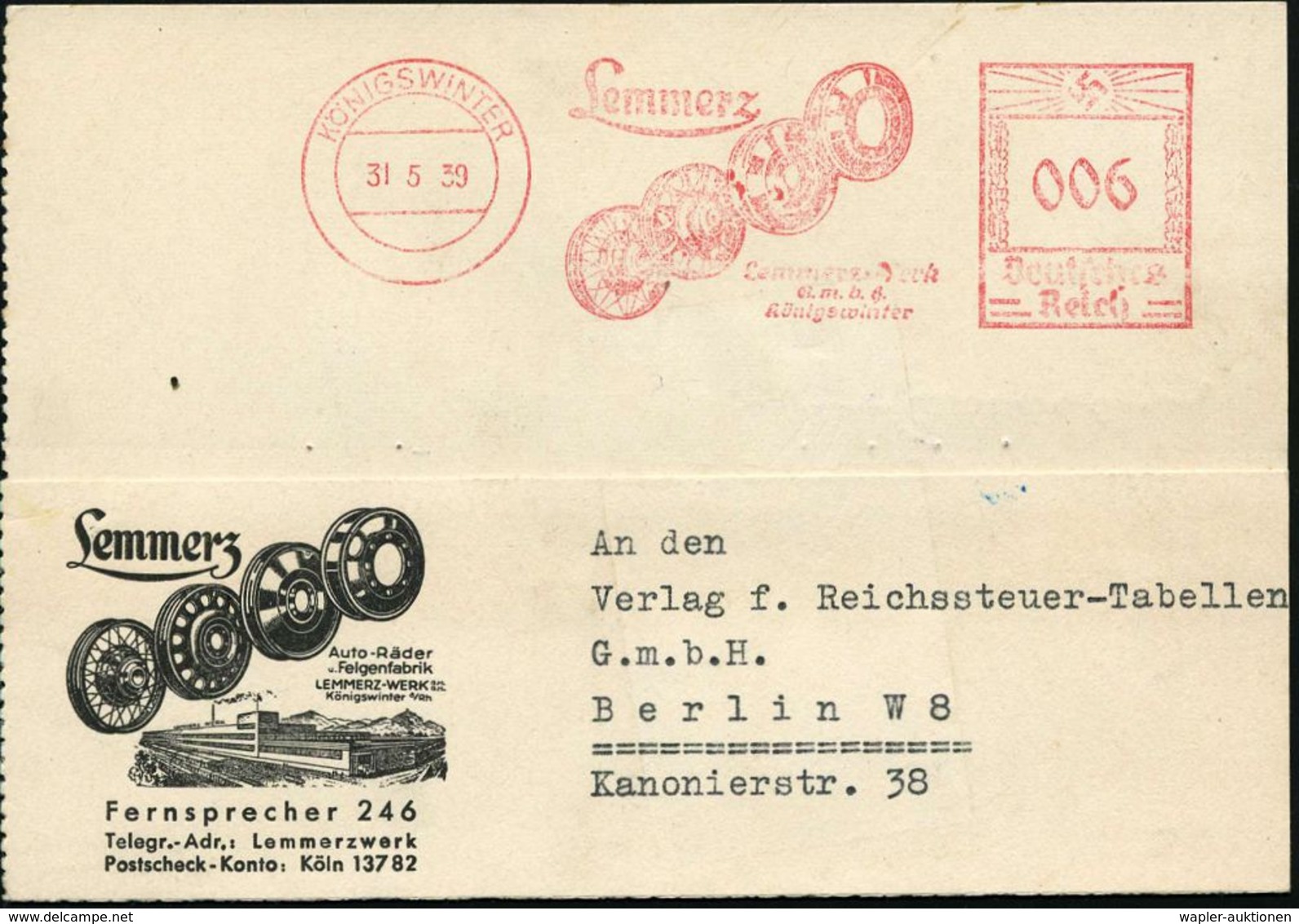 KÖNIGSWINTER/ Lemmerz.. 1939 (31.5.) Dekorat. AFS = 4 PKW- U. Sportwagen-Felgen , Sehr Dekorative, Motivgl. Firmen-Rekla - Voitures