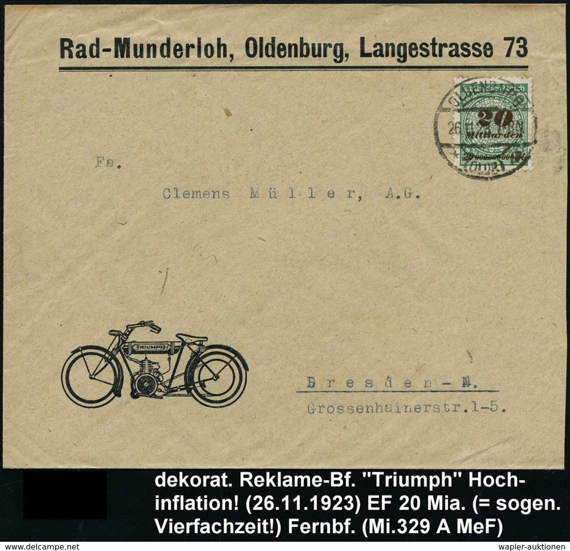 OLDENBURG/ *(OLDB)g 1923 (26.11.) 1K-Steg Auf EF 20 Mia. Mk., Reklame-Bf.: Rad-Munderloh.. = "Triumph"-Motorrad , Selten - Motorräder